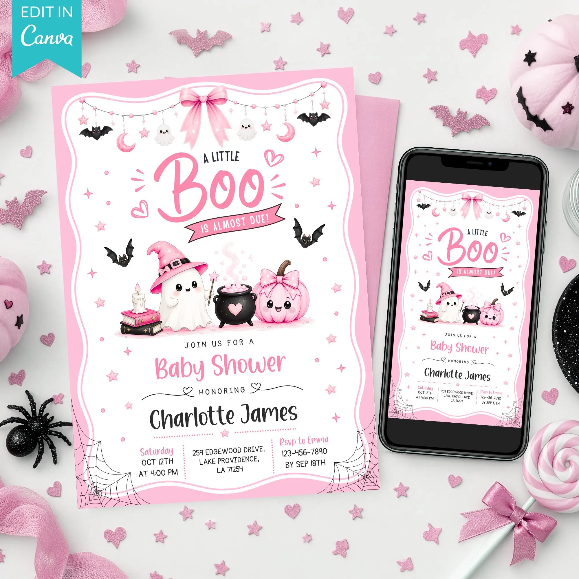 Little Boo Baby Shower Invitation Bundle, Girl Pink Halloween Baby Shower Invite Little Boo Is Almost Due Diaper Raffle Books Thank You Card - image 4
