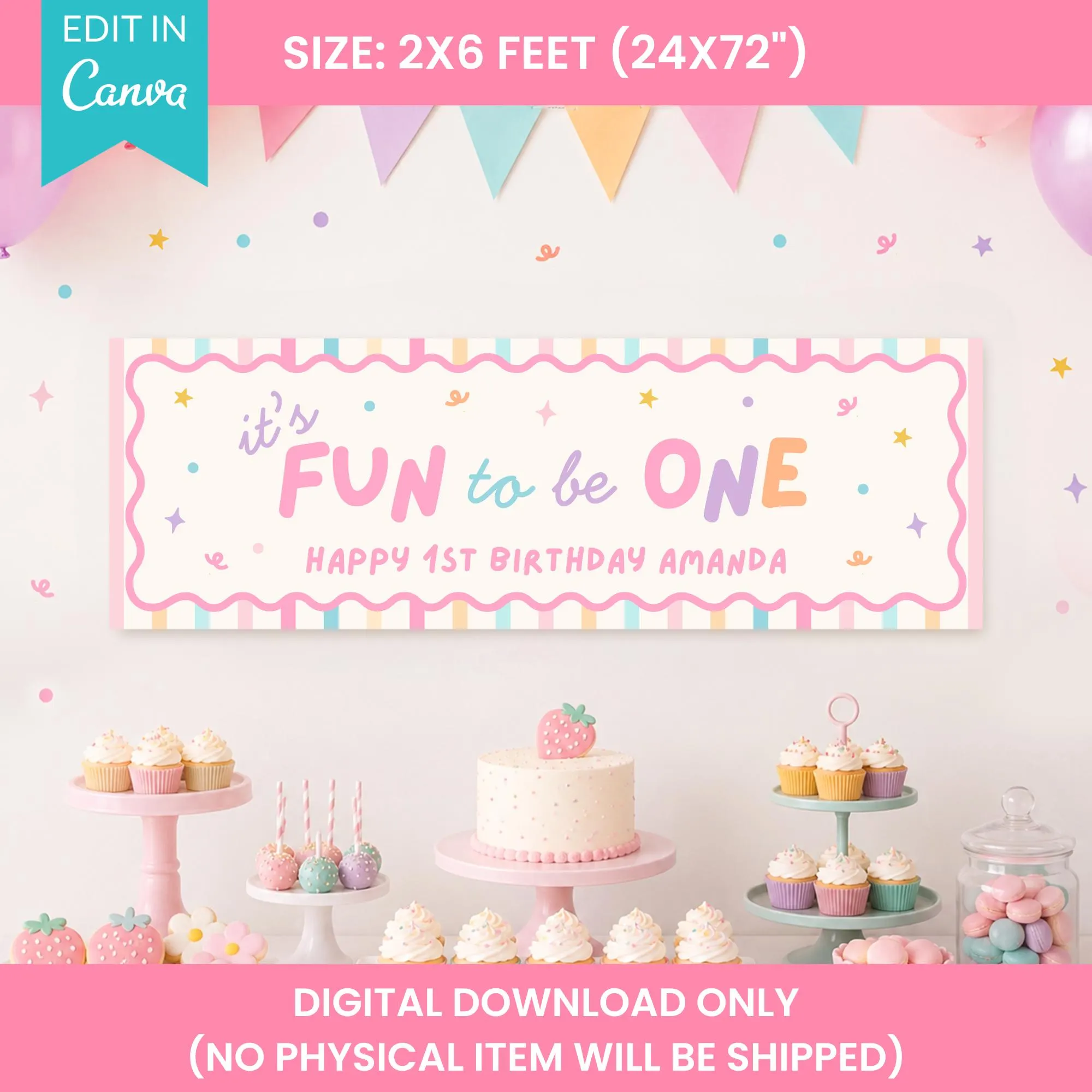 It's Fun To Be One Birthday Banner Editable 1st Birthday Sign Canva Girl Pastel Photo Backdrop 72x24 Boy Wall Sign Colorful Kids Party Decor - image 4