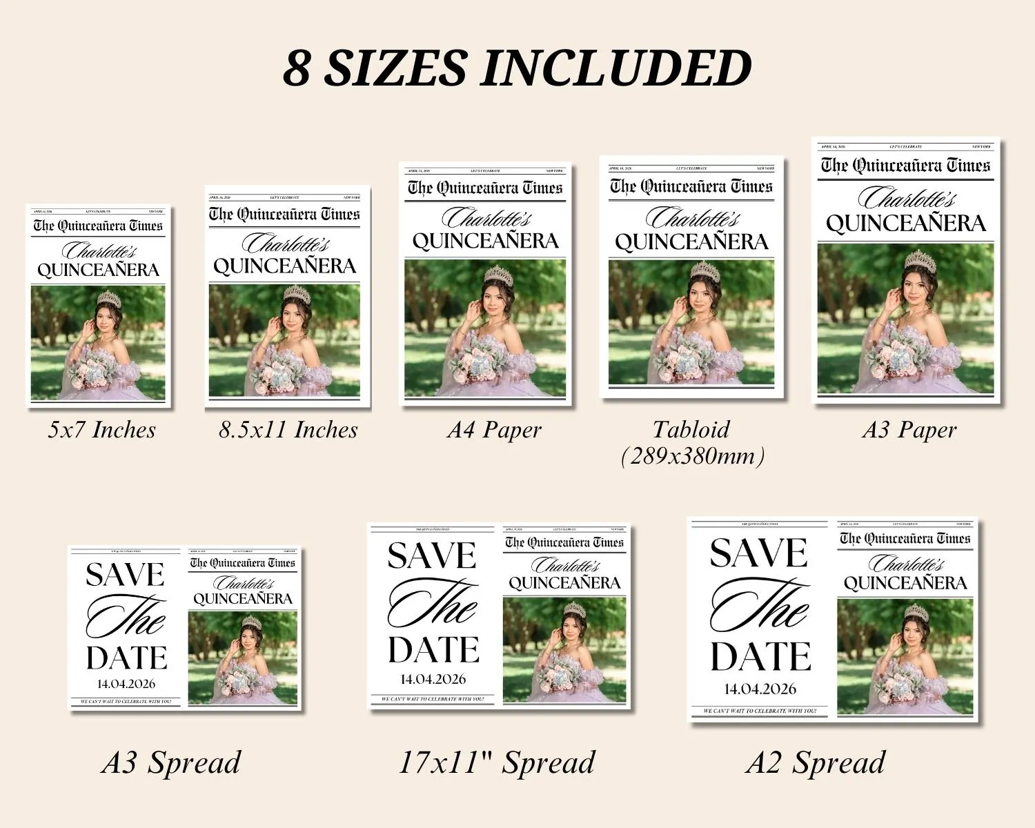 Quinceanera Save The Date Newspaper, Editable Canva Template, Quinceañera invitation, Quince Photoshoot Newspaper, Sweet 15 Newspaper Invite - image 3