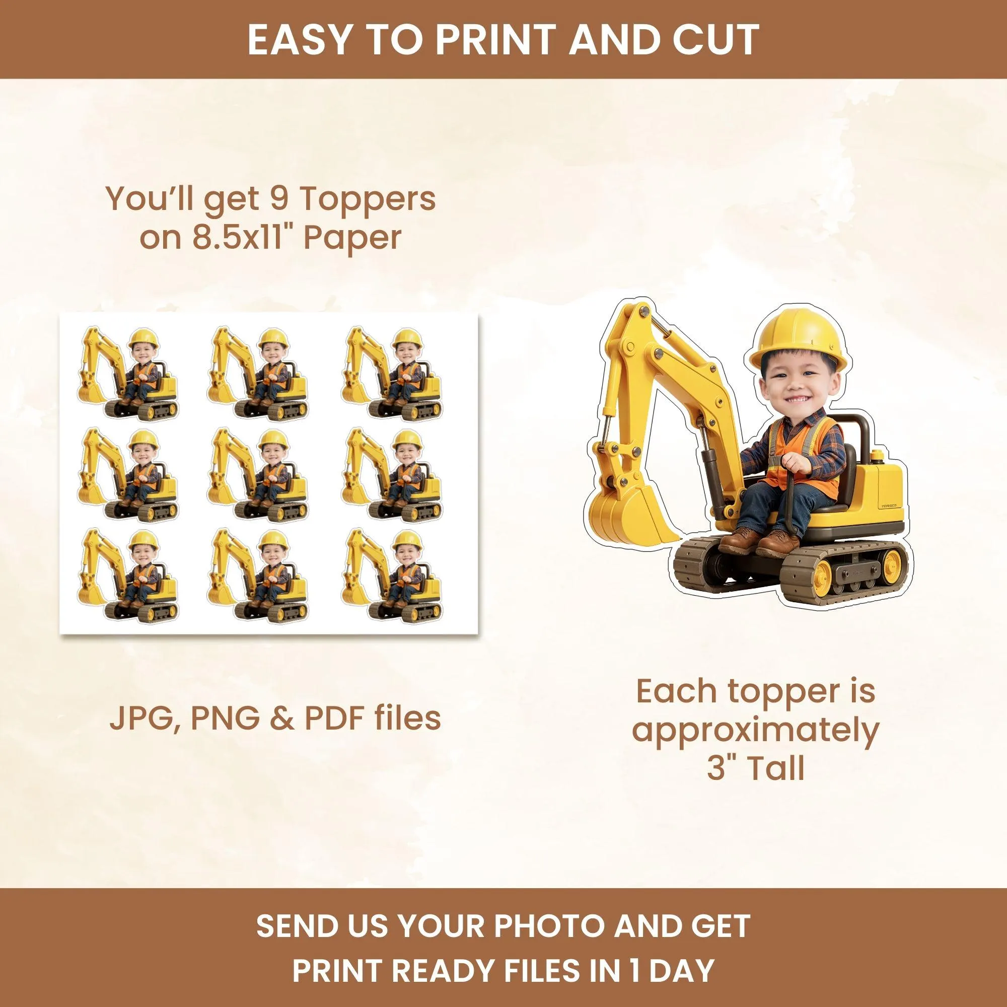 Construction Photo Cupcake Toppers, Face Cupcake Toppers, Personalized Construction Trucks Cupcake Toppers, Excavator Birthday Party Decor - image 3