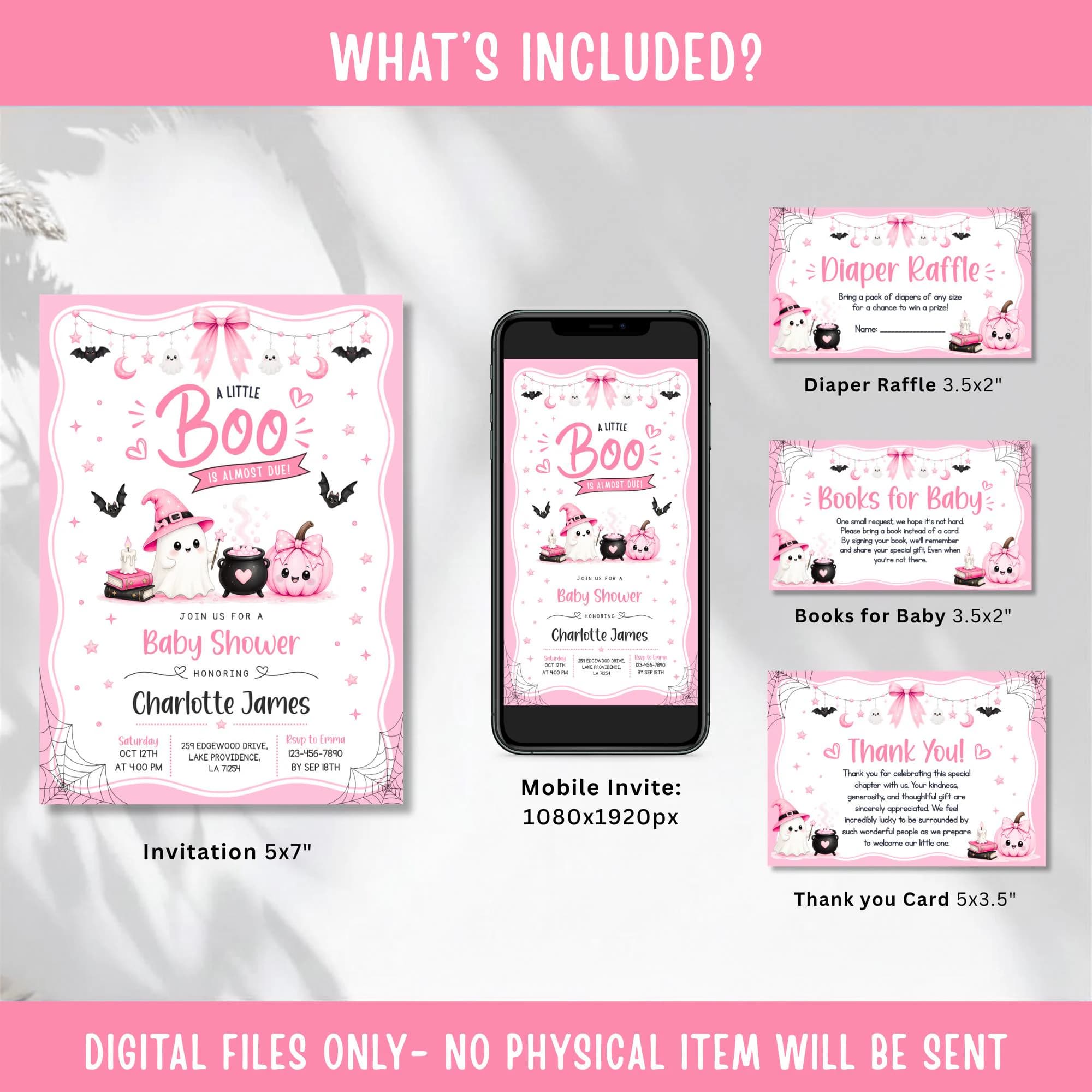 Little Boo Baby Shower Invitation Bundle, Girl Pink Halloween Baby Shower Invite Little Boo Is Almost Due Diaper Raffle Books Thank You Card - image 5