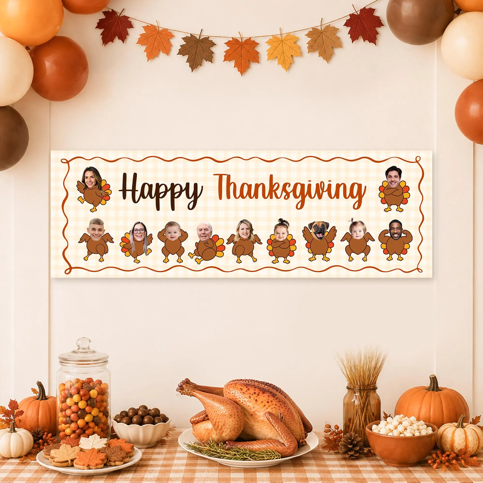 Personalized Thanksgiving Banner, Friendsgiving Banner, Custom Turkey Face Cutout Family Photo Backdrop, Autumn Holiday Decor Canva Editable - image 5