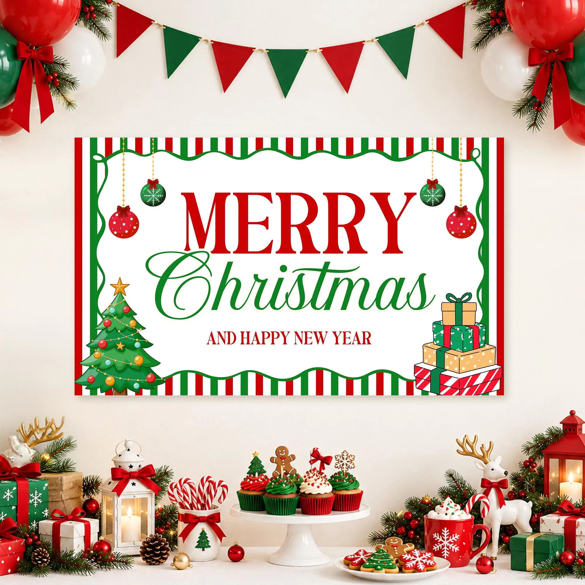 Merry Christmas Banner Design, Holiday Party Decor, Red Green Christmas Backdrop, Christmas Welcome Sign Editable Canva Template 3x5ft 2x6ft
