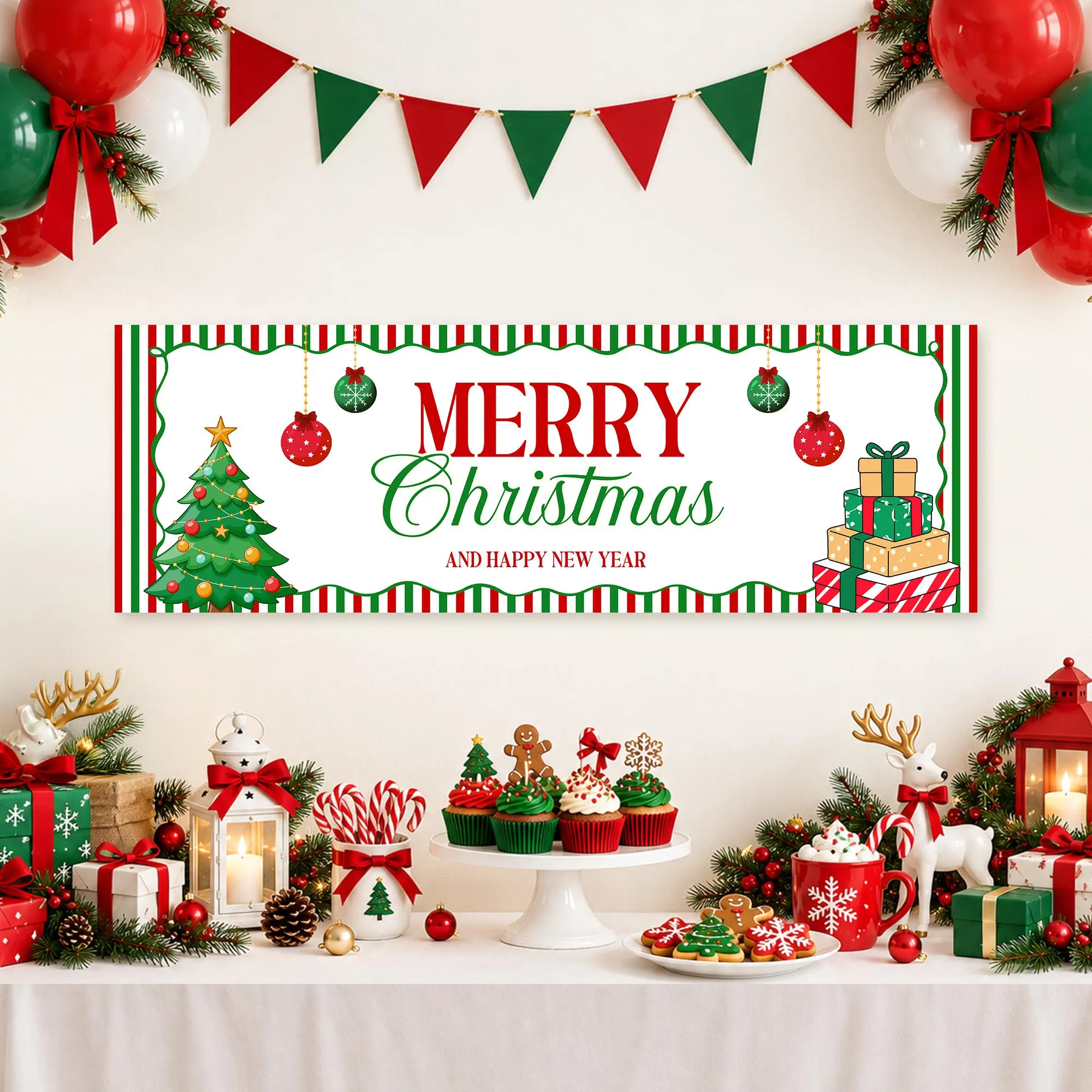 Merry Christmas Banner Design, Holiday Party Decor, Red Green Christmas Backdrop, Christmas Welcome Sign Editable Canva Template 3x5ft 2x6ft - image 3