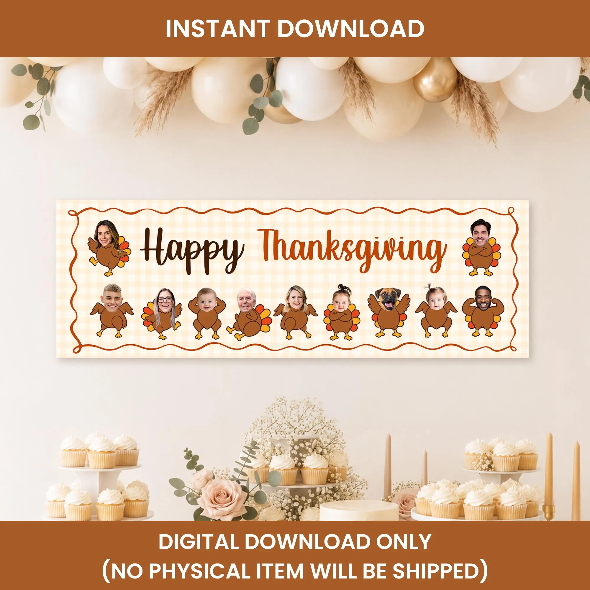 Personalized Thanksgiving Banner, Friendsgiving Banner, Custom Turkey Face Cutout Family Photo Backdrop, Autumn Holiday Decor Canva Editable - image 2