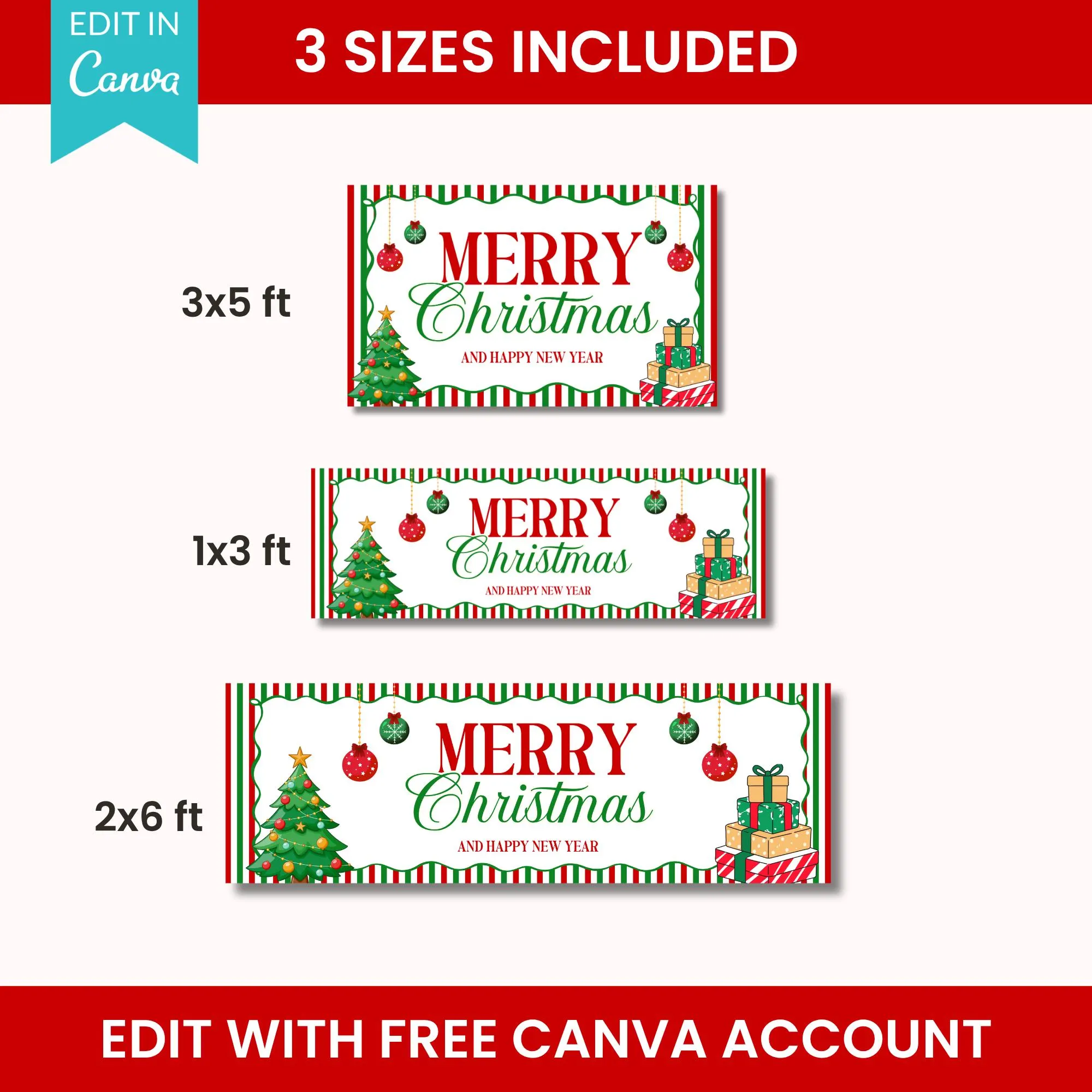 Merry Christmas Banner Design, Holiday Party Decor, Red Green Christmas Backdrop, Christmas Welcome Sign Editable Canva Template 3x5ft 2x6ft - image 4