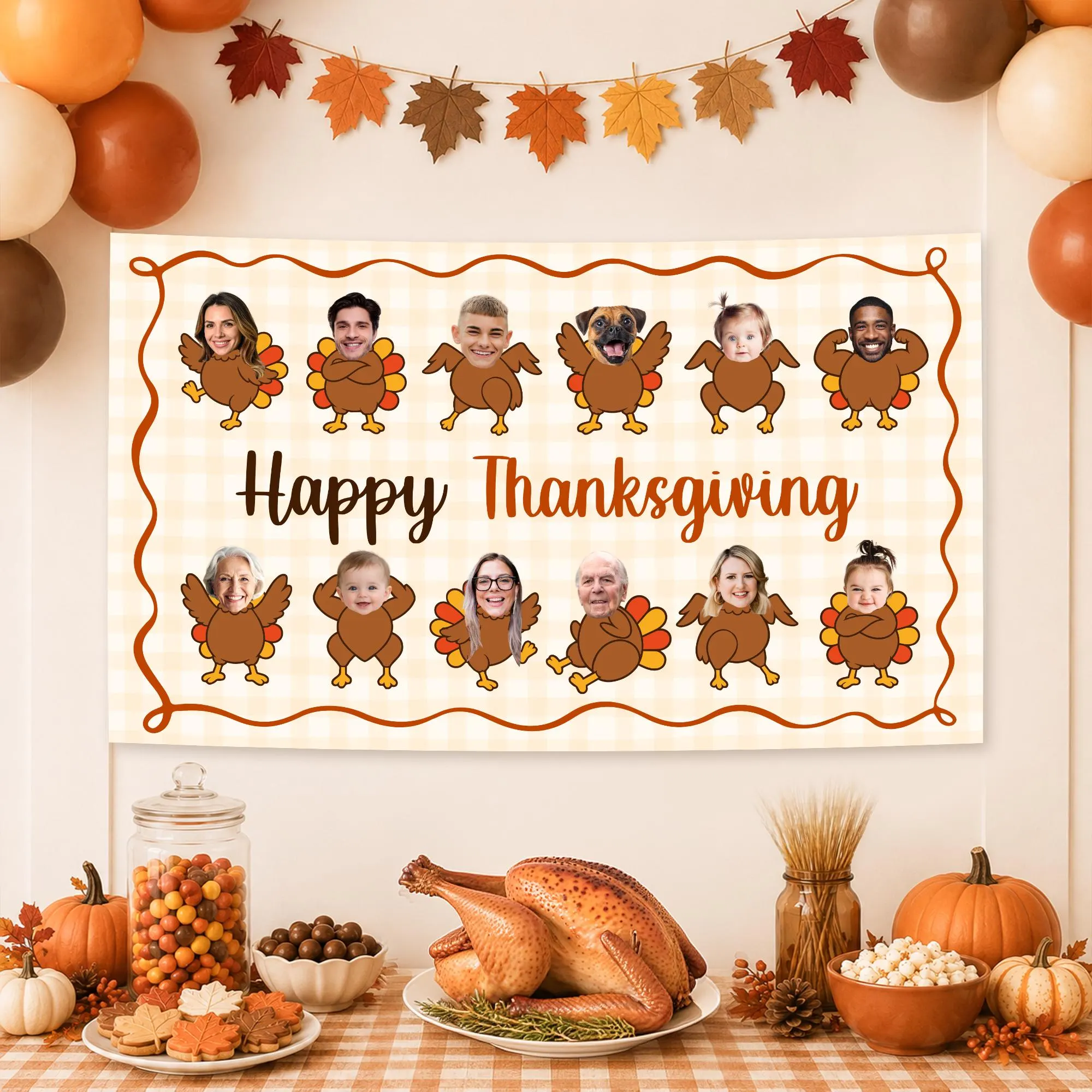 Personalized Thanksgiving Banner, Friendsgiving Banner, Custom Turkey Face Cutout Family Photo Backdrop, Autumn Holiday Decor Canva Editable