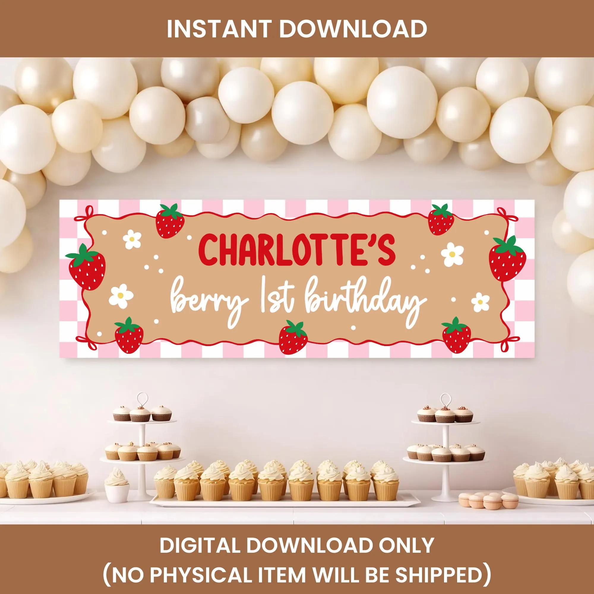 Strawberry Berry First Birthday Banner Editable Berry 1st Birthday Decor Pink Gingham Sweet One Party Decor Kraft Paper Party Backdrop Canva - image 5