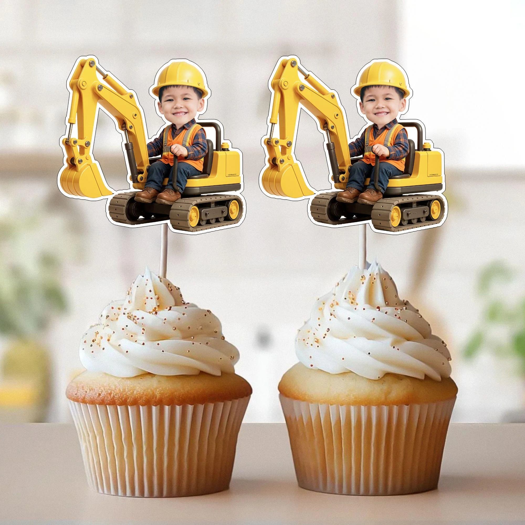 Construction Photo Cupcake Toppers, Face Cupcake Toppers, Personalized Construction Trucks Cupcake Toppers, Excavator Birthday Party Decor