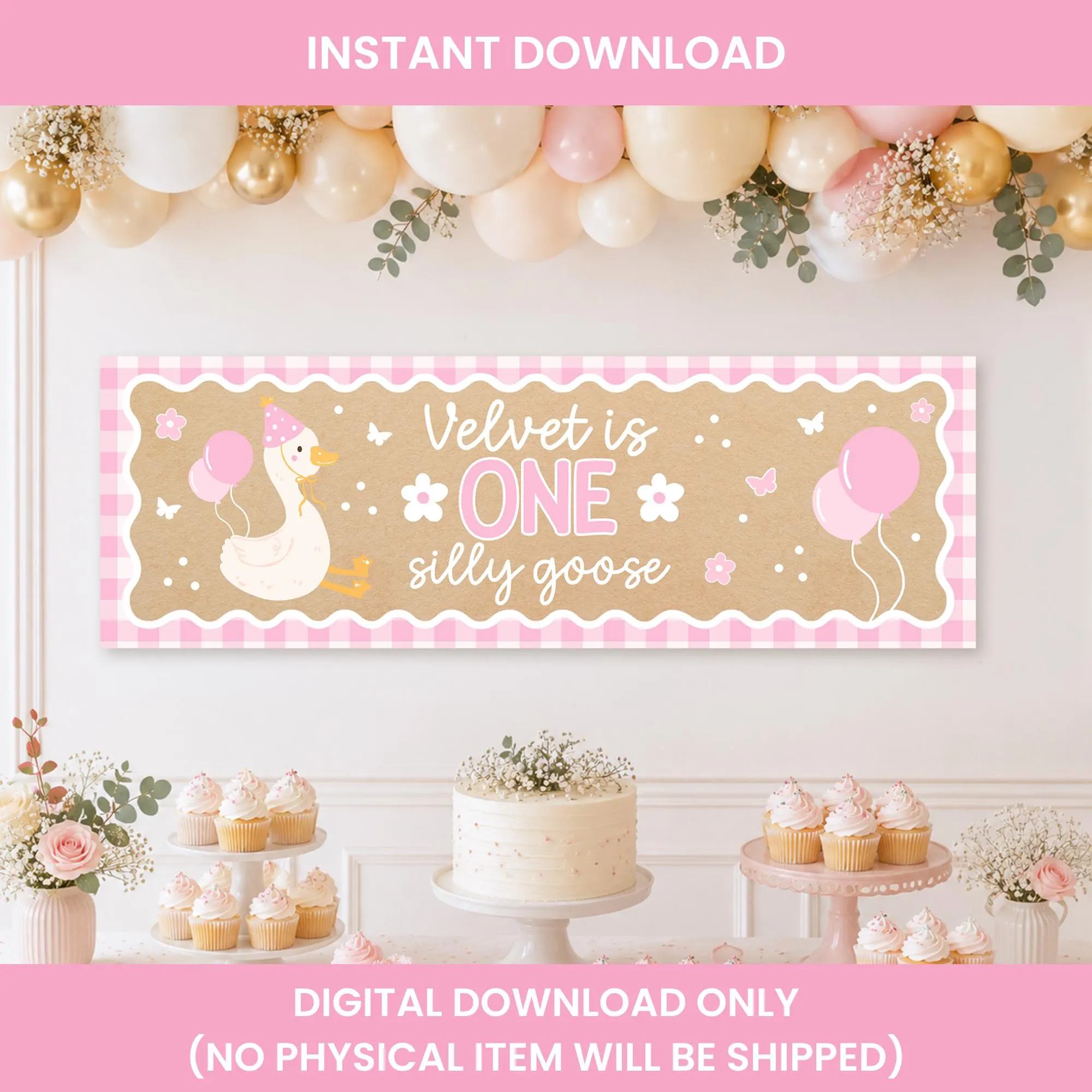 One Silly Goose Birthday Banner, Pink Gingham First Birthday Banner, Girl 1st Birthday Decor Cute DIY Painted Kraft Poster Canva 3x5ft 2x6ft - image 5