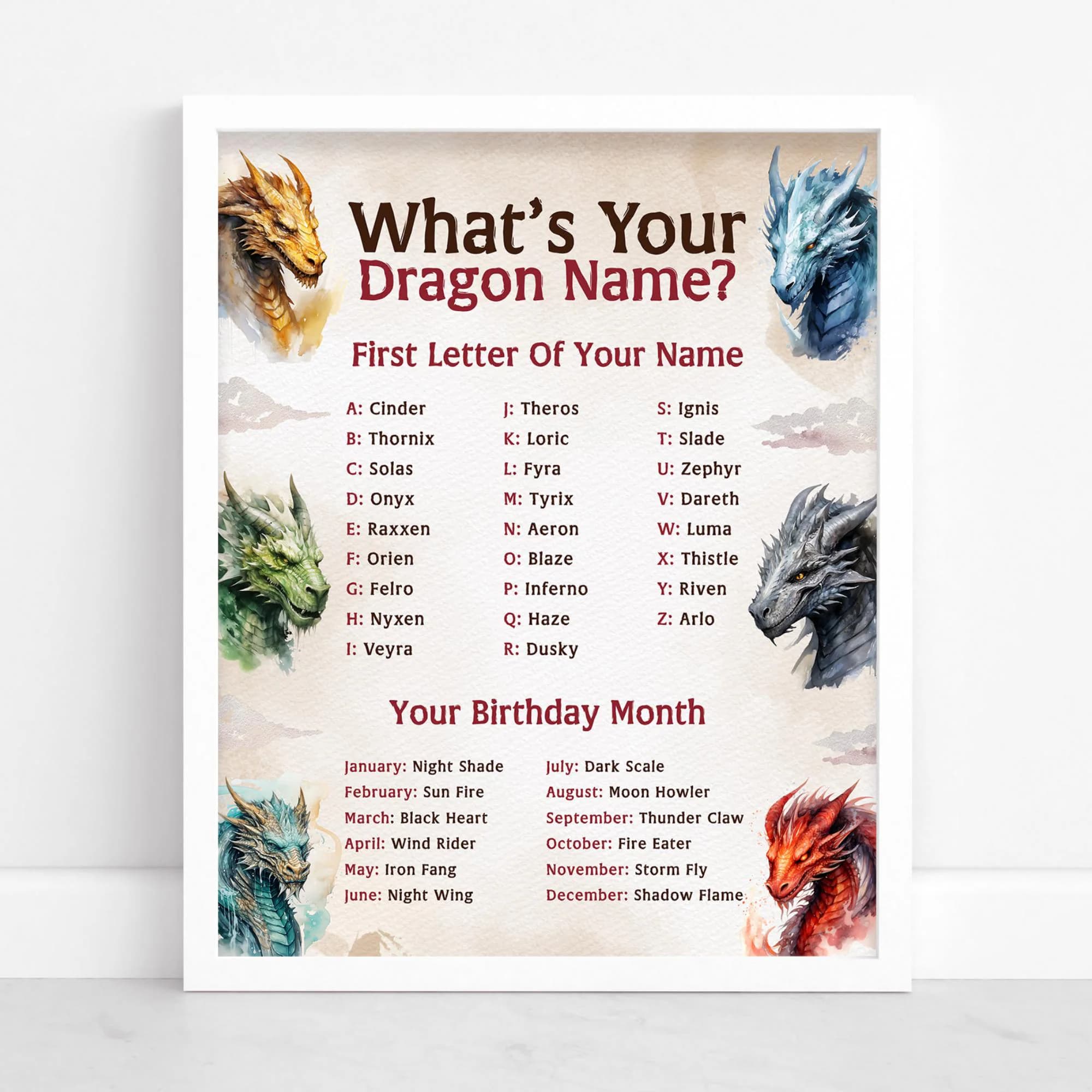 What's Your Dragon Name Game, Fun Fantasy Name Generator Party Activity for Kids & Adults Birthday Family Night Ice Breaker Instant Download