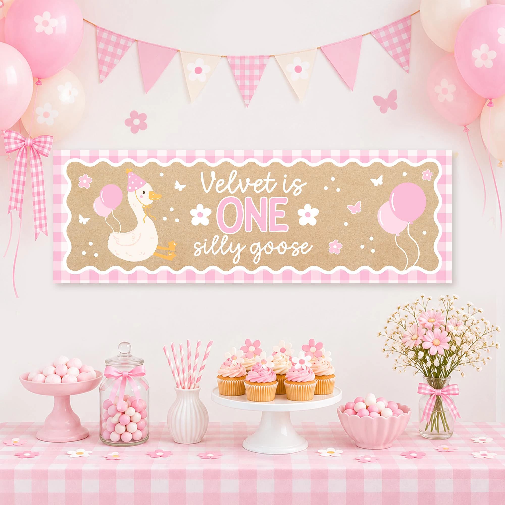 One Silly Goose Birthday Banner, Pink Gingham First Birthday Banner, Girl 1st Birthday Decor Cute DIY Painted Kraft Poster Canva 3x5ft 2x6ft - image 3