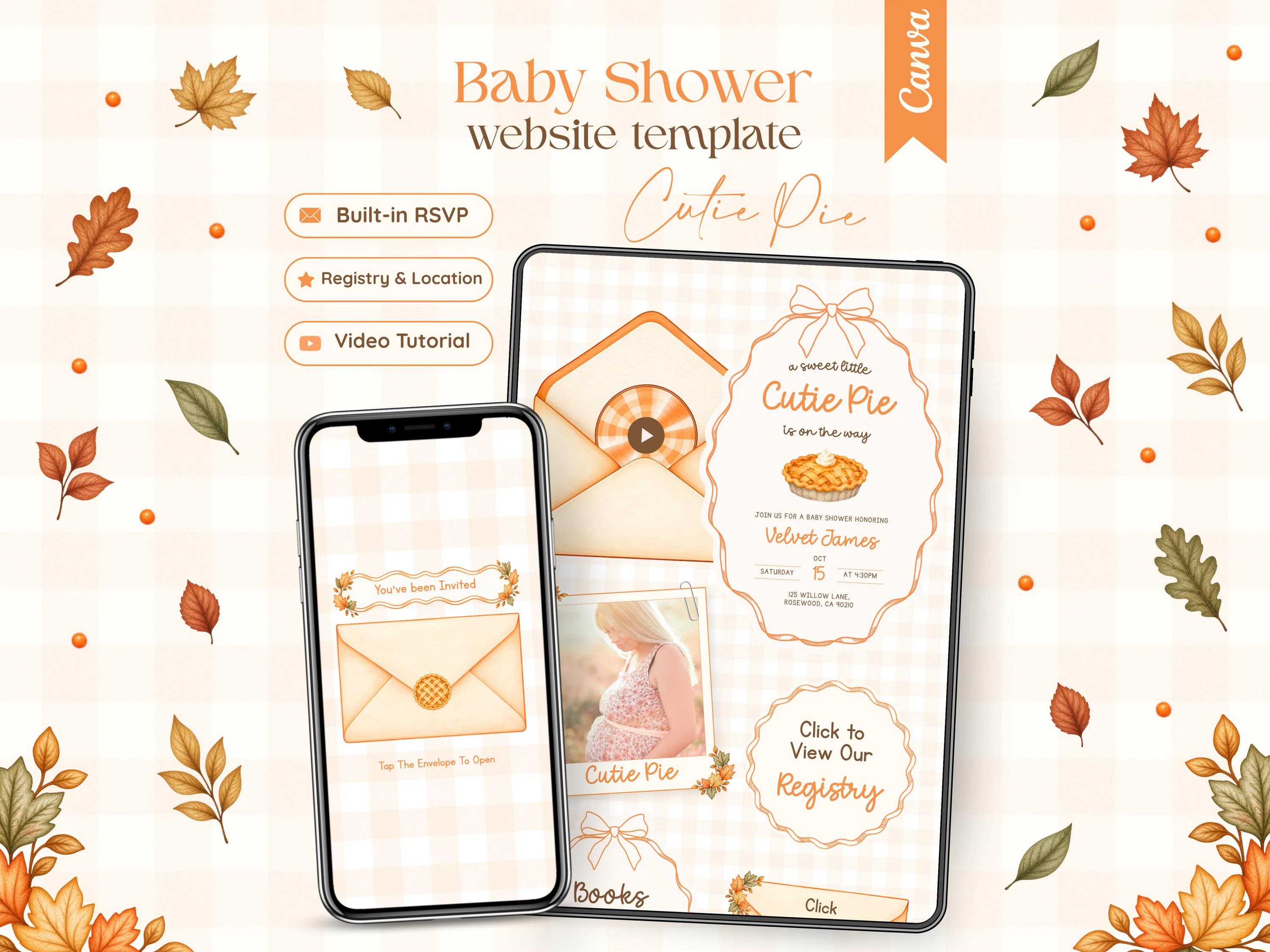 Cutie Pie Baby Shower Website Invitation, Fall Baby Shower editable Canva Invite, Trackable RSVP, Registry, Digital Fall Pie Baby Shower