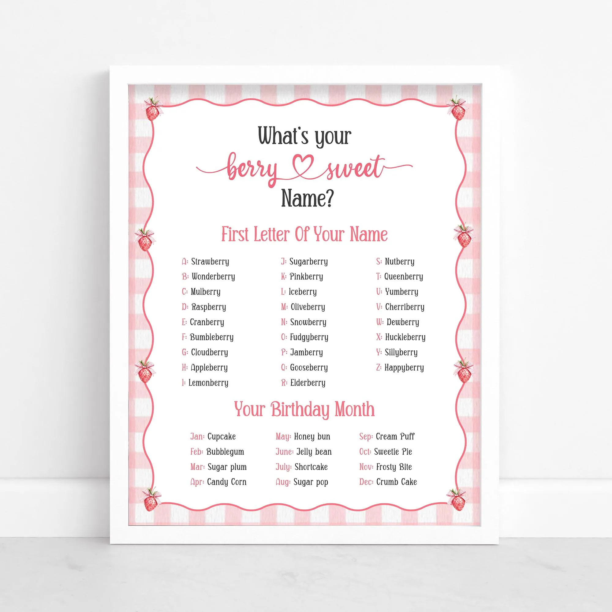 Whats your Berry Name Game Berry First Birthday Party Ice Breaker Game Pink Berry Sweet Baby Shower Game Printable Strawberry Activity Sheet