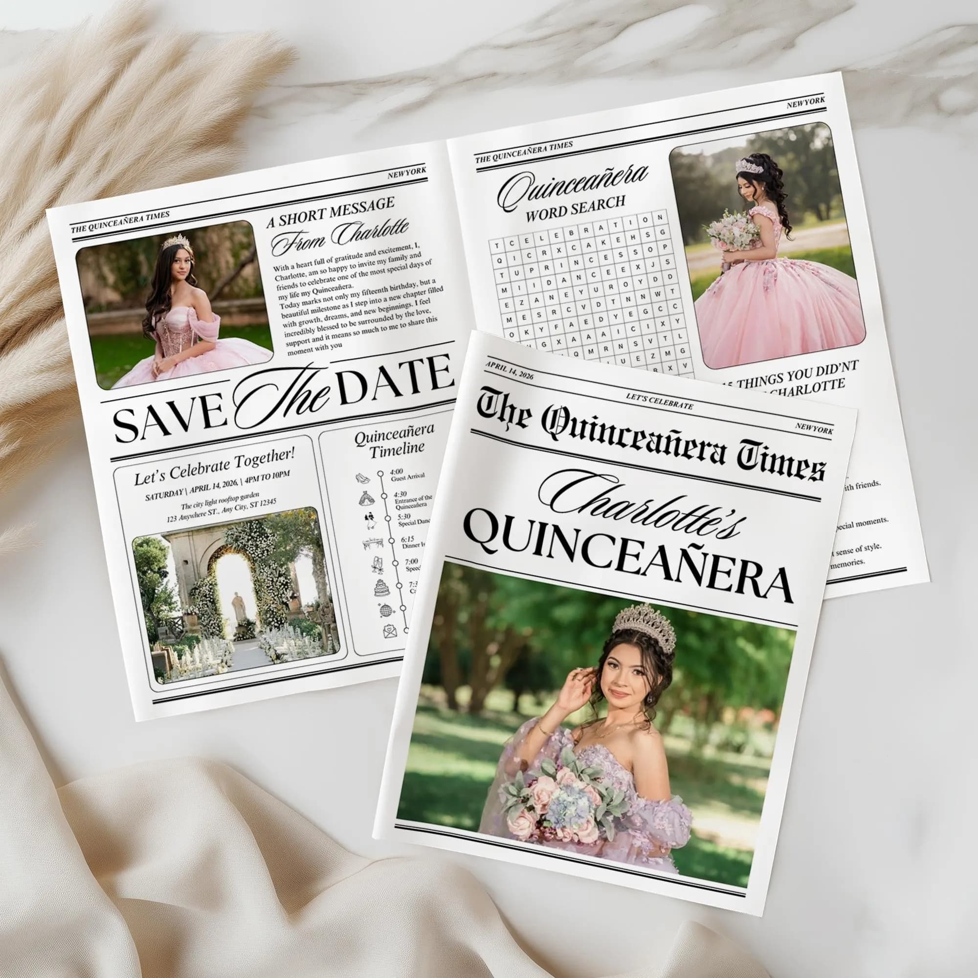 Quinceanera Save The Date Newspaper, Editable Canva Template, Quinceañera invitation, Quince Photoshoot Newspaper, Sweet 15 Newspaper Invite - image 4