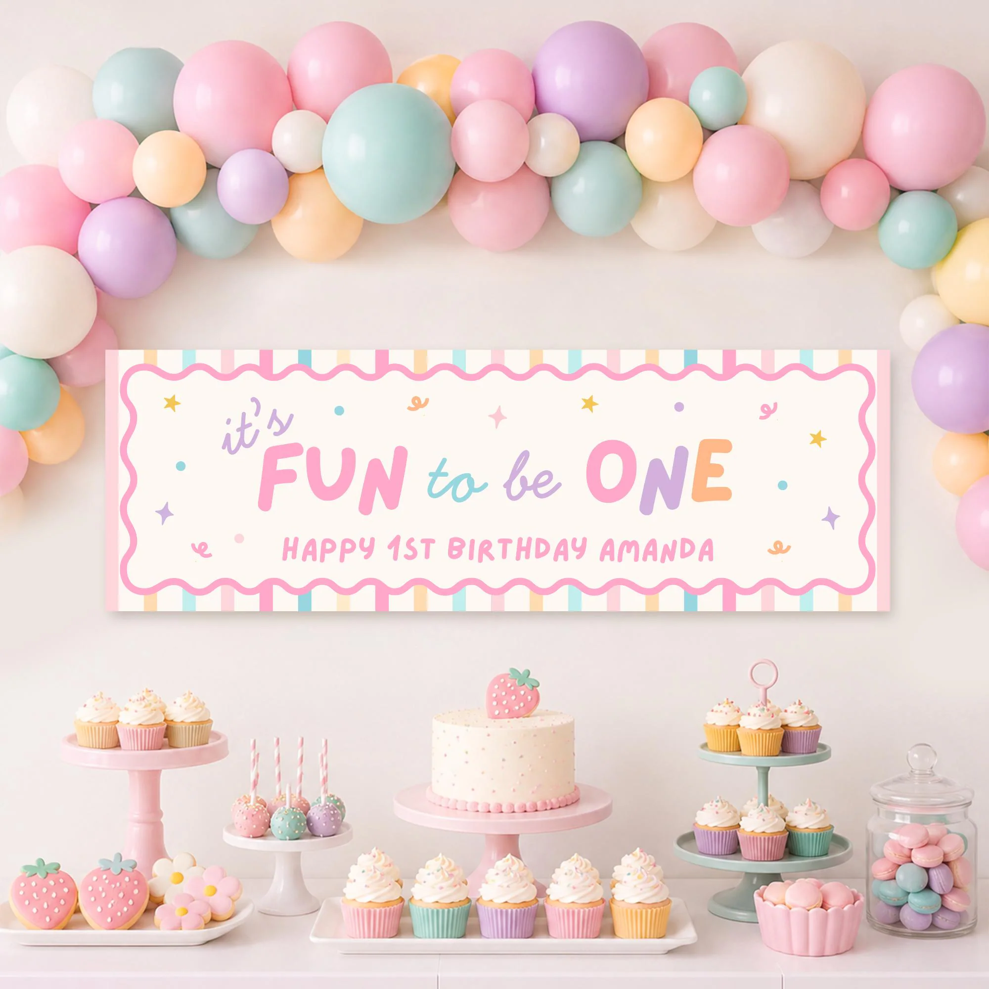 It's Fun To Be One Birthday Banner Editable 1st Birthday Sign Canva Girl Pastel Photo Backdrop 72x24 Boy Wall Sign Colorful Kids Party Decor