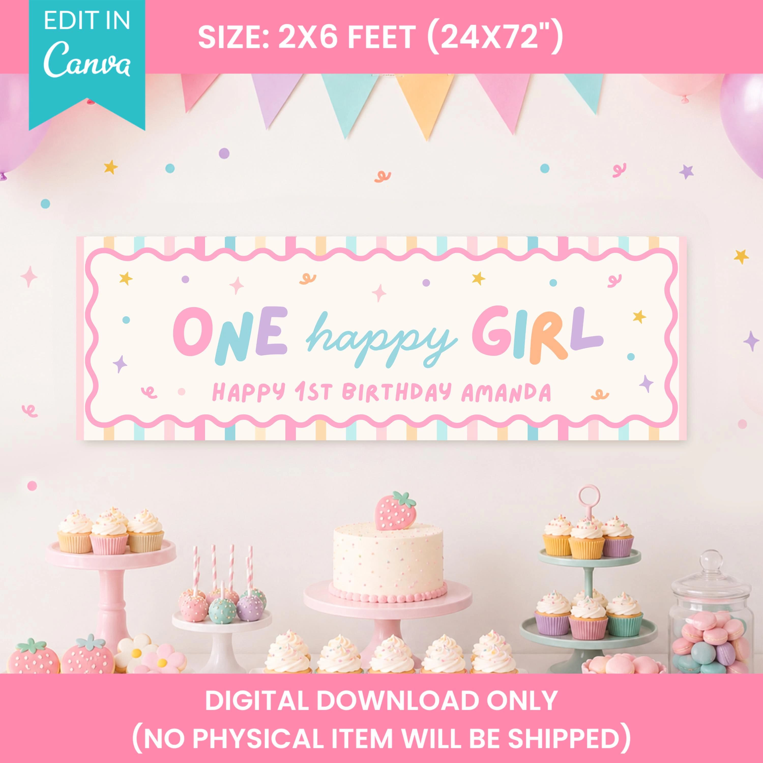 One Happy Girl Birthday Banner Girl 1st Birthday Sign Canva Editable Pastel Photo Backdrop 72x24 Wall Sign Fun Colorful Kids Party Decor - image 4