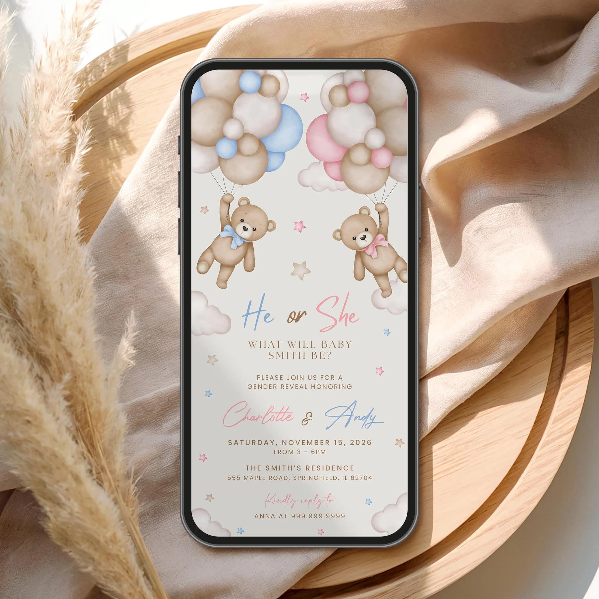 Bear Gender Reveal Evite Teddy Bear Digital Invitation Gender Reveal, Electronic Gender Reveal for Phone, He or She Editable Mobile Template