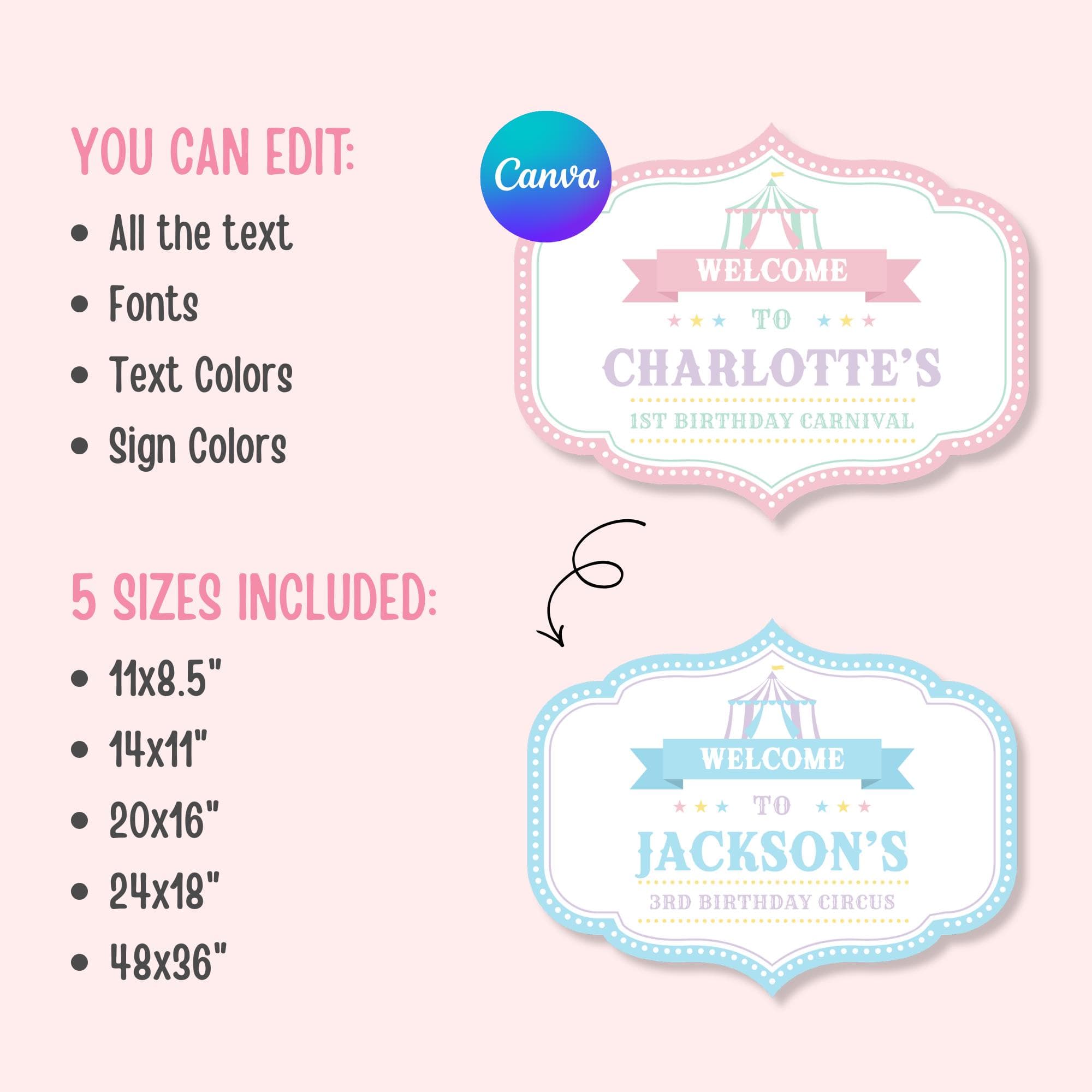 Pastel Carnival Welcome Signs Circus Birthday Signs Carnival Birthday Party Signs Circus Party Welcome Signs Editable Carnival Signs - image 3