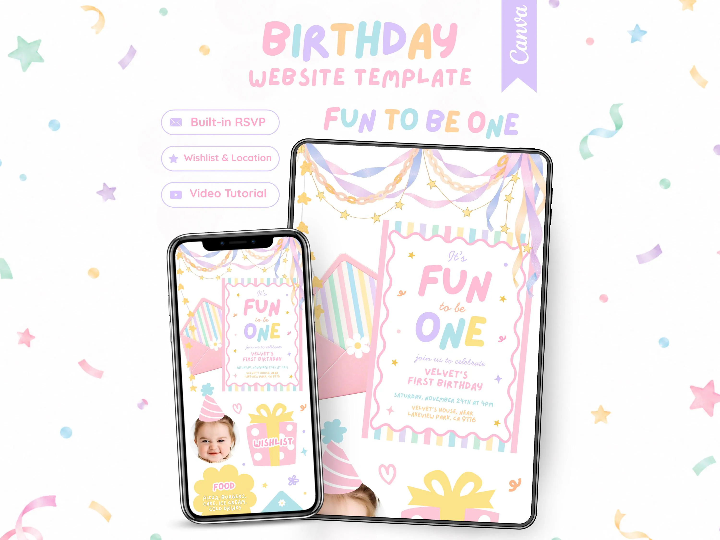 Fun to be One Girl 1st Birthday Website Invitation with RSVP Pastel Whimsical Girl 1st Birthday Invite Editable Canva Colorful Party Website