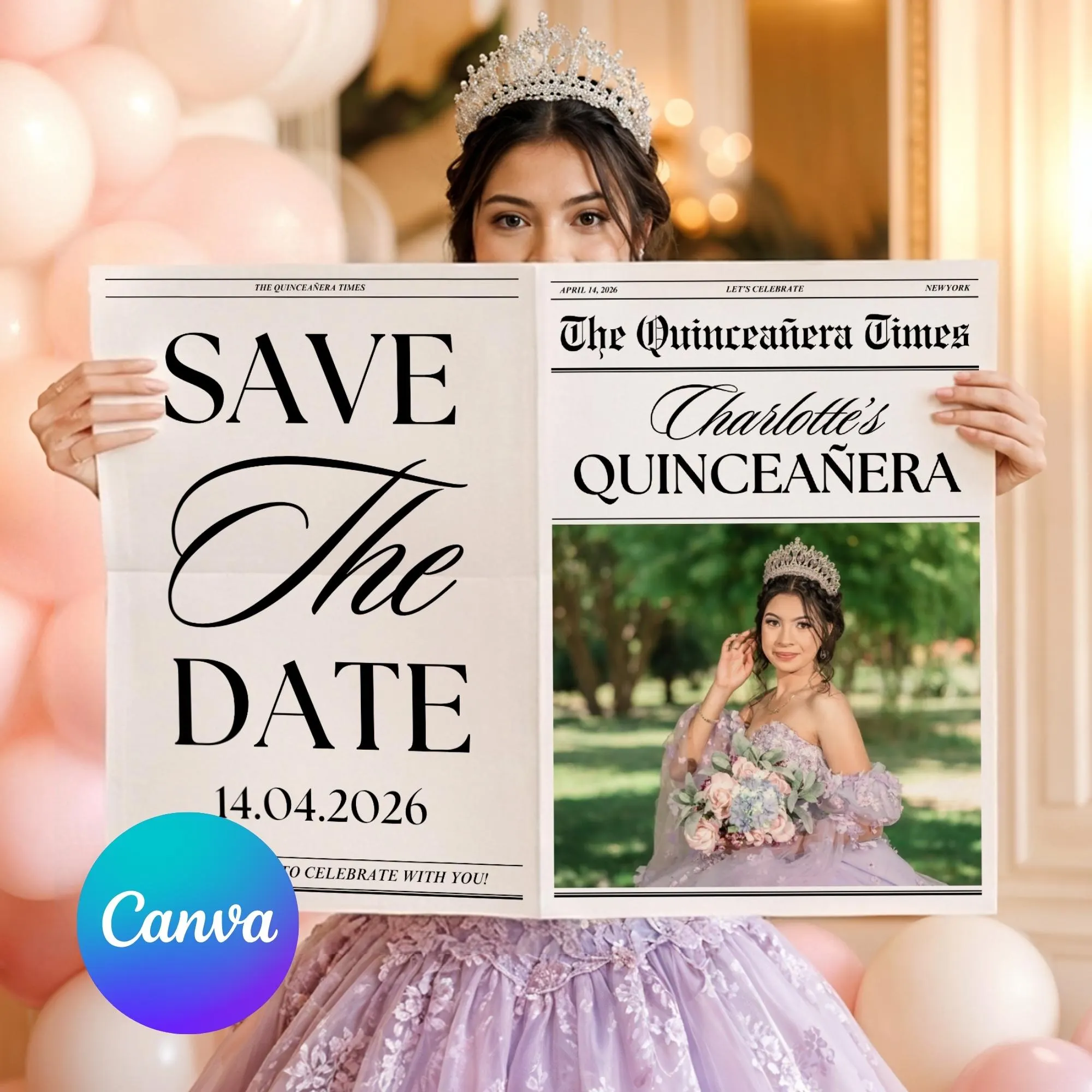 Quinceanera Save The Date Newspaper, Editable Canva Template, Quinceañera invitation, Quince Photoshoot Newspaper, Sweet 15 Newspaper Invite