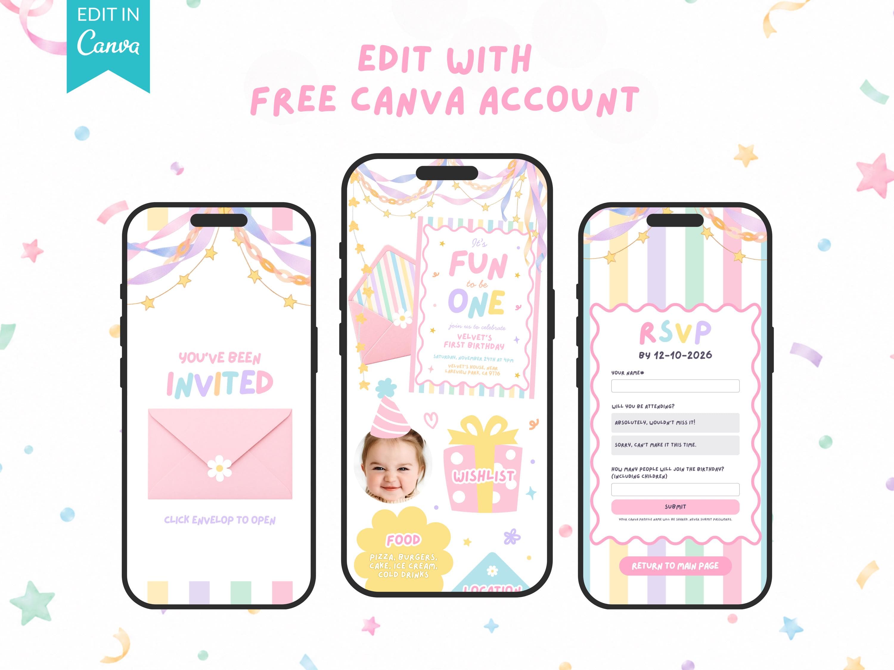 Fun to be One Girl 1st Birthday Website Invitation with RSVP Pastel Whimsical Girl 1st Birthday Invite Editable Canva Colorful Party Website - image 5