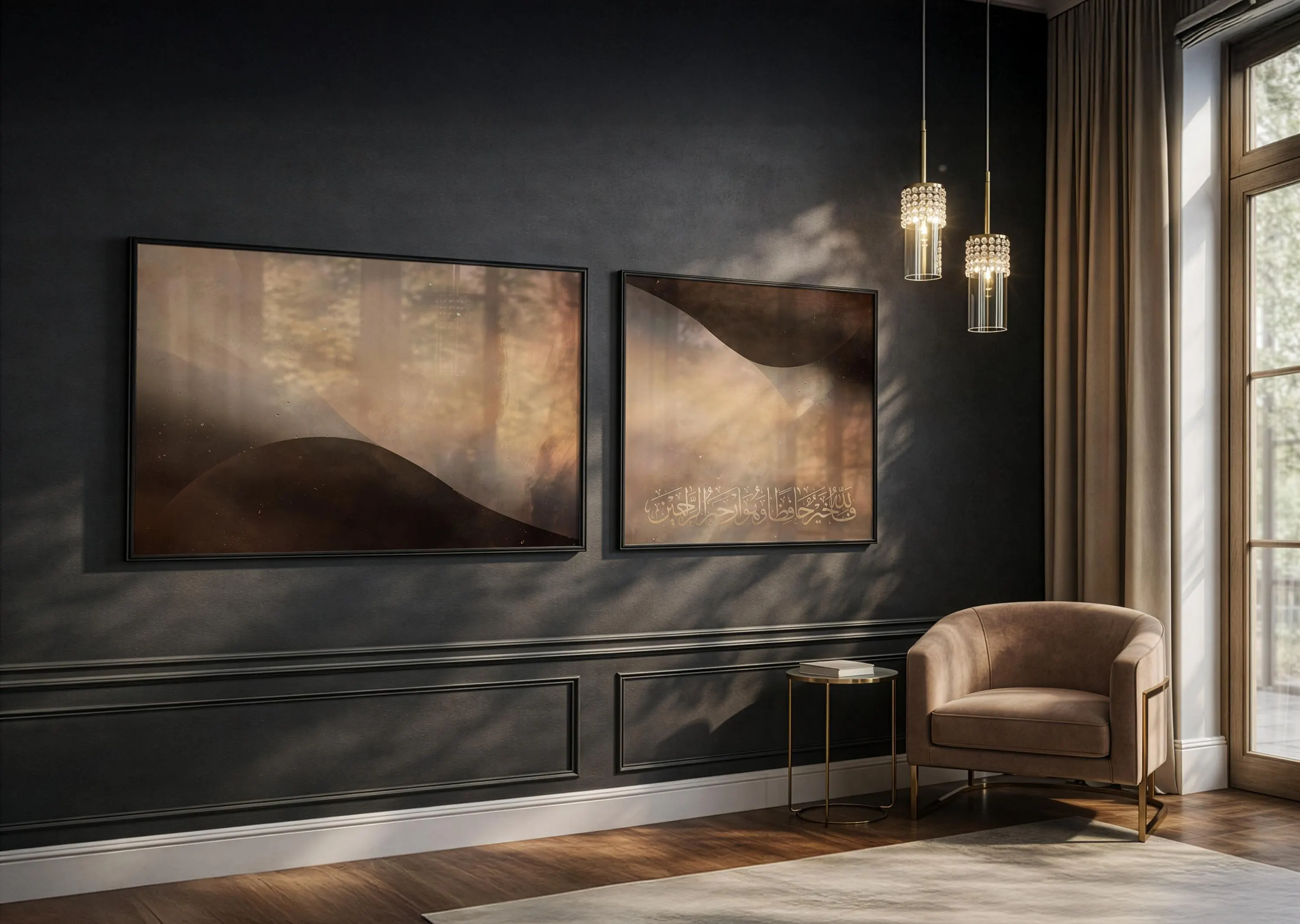 May include: Two framed abstract art pieces in brown and beige tones hang on a dark grey wall. A brown armchair and a small side table with a glass top are in front of the wall. Two pendant lights hang from the ceiling.