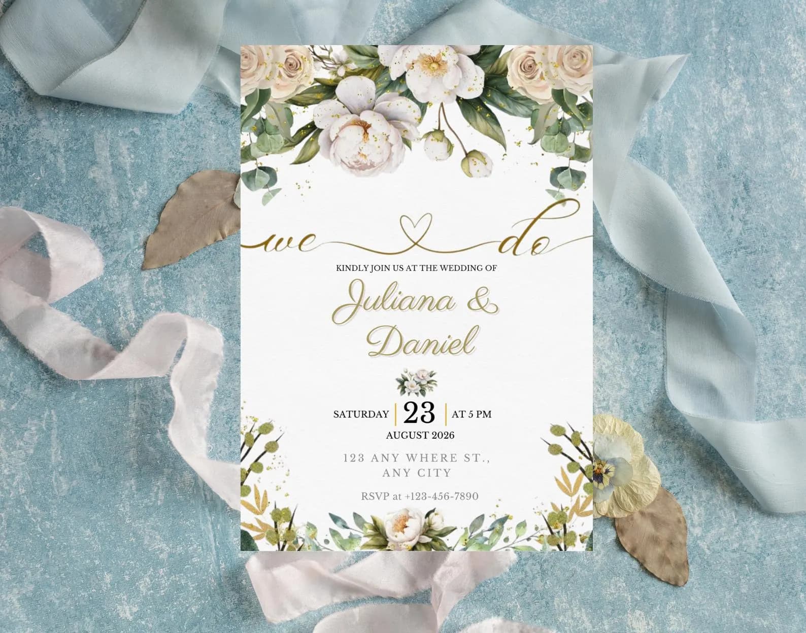 Editable Floral Wedding Invitation Template, Elegant Botanical Arch Design (Digital Download)