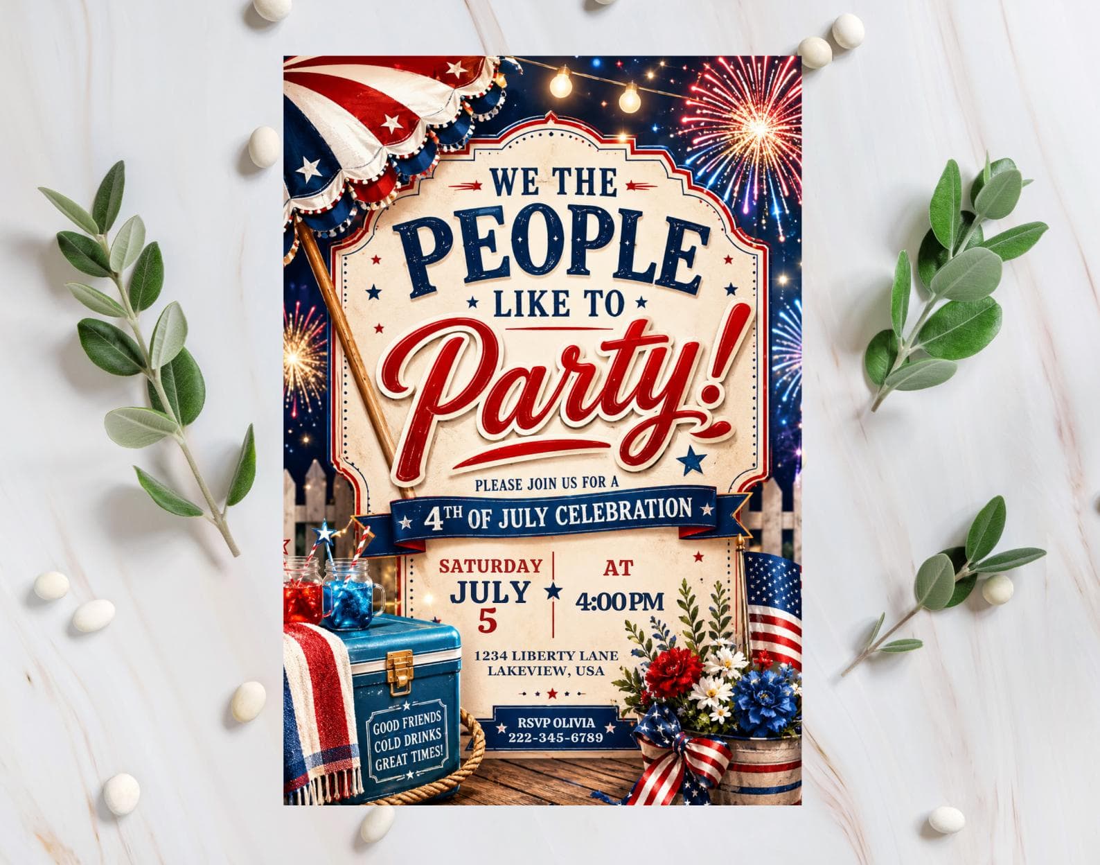 4th of July Party Invitation, Patriotic Summer Invite, Red White Blue (Digital Download)