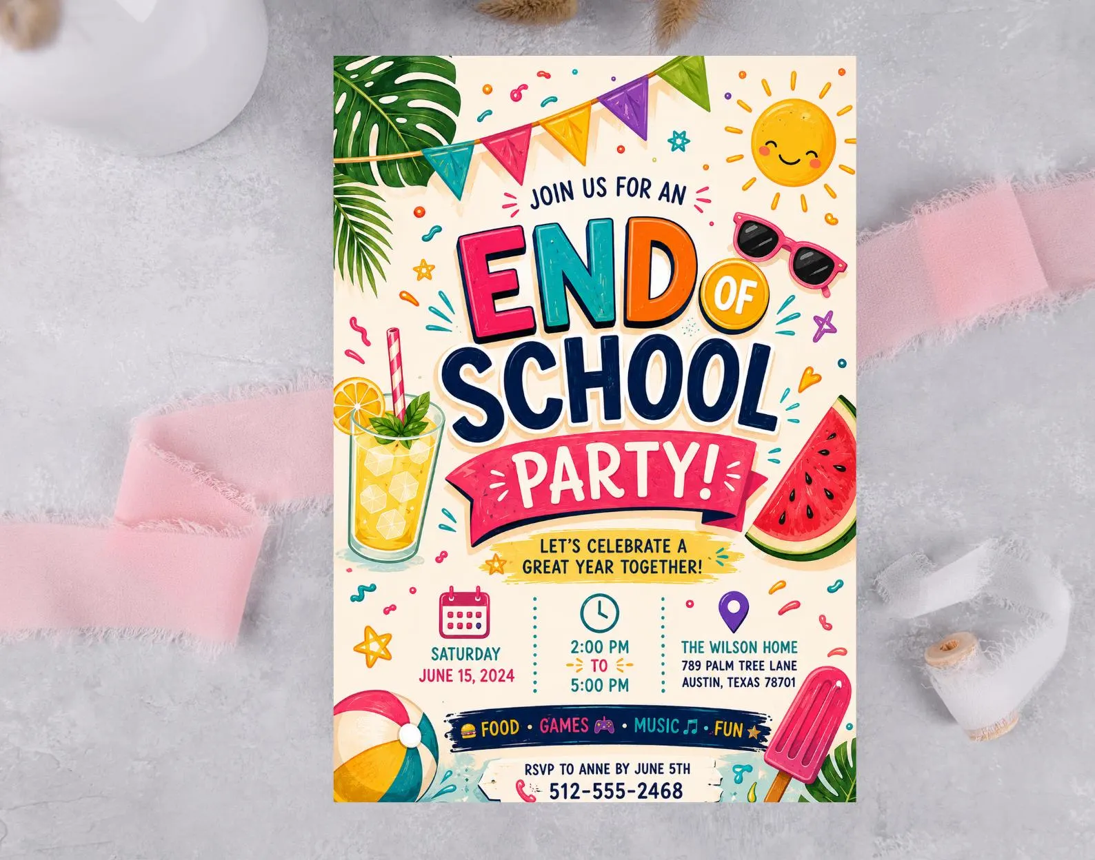 End of School Party Invitation: Tropical Summer Beach Theme (Digital Download)