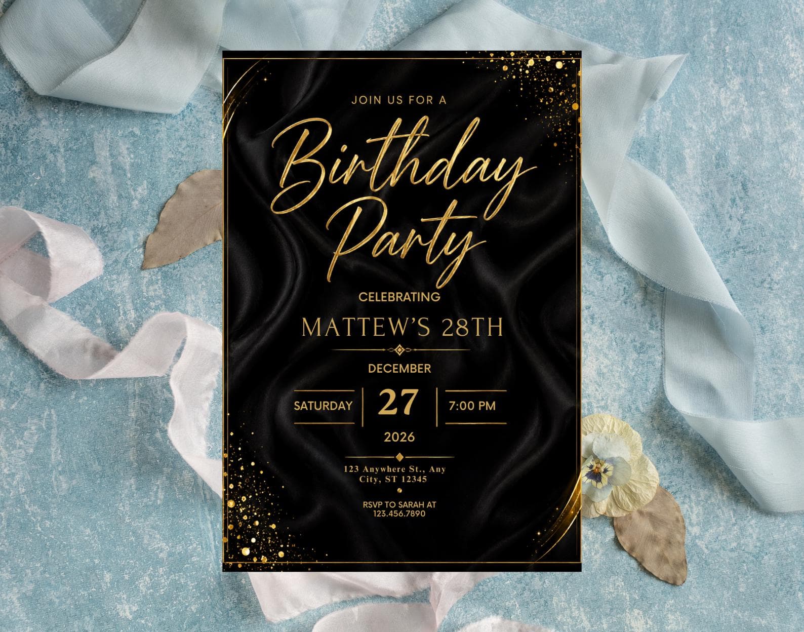 Editable Modern Black Gold Birthday Invite, Men's Digital Party Invite