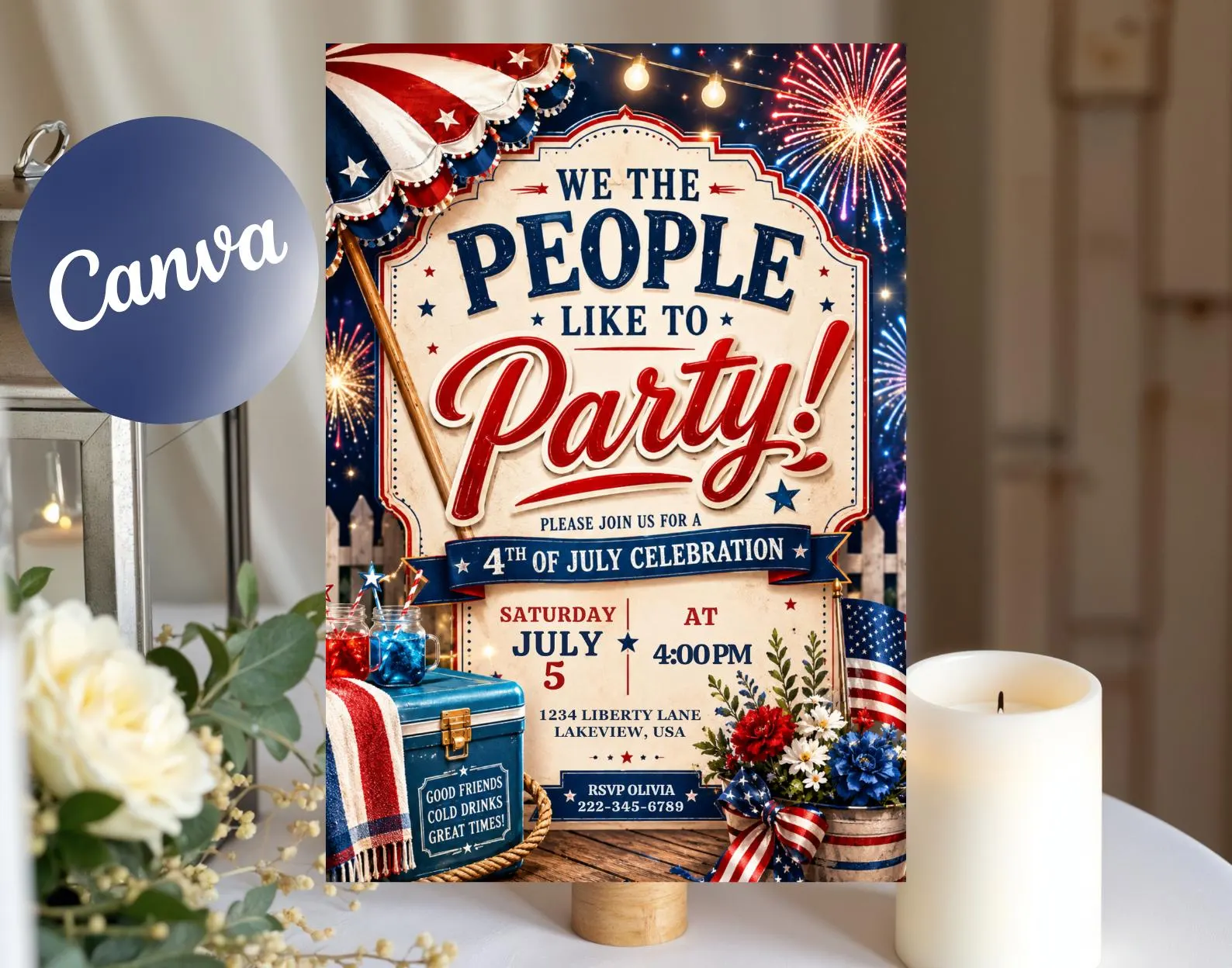 4th of July Party Invitation, Patriotic Summer Invite, Red White Blue (Digital Download)