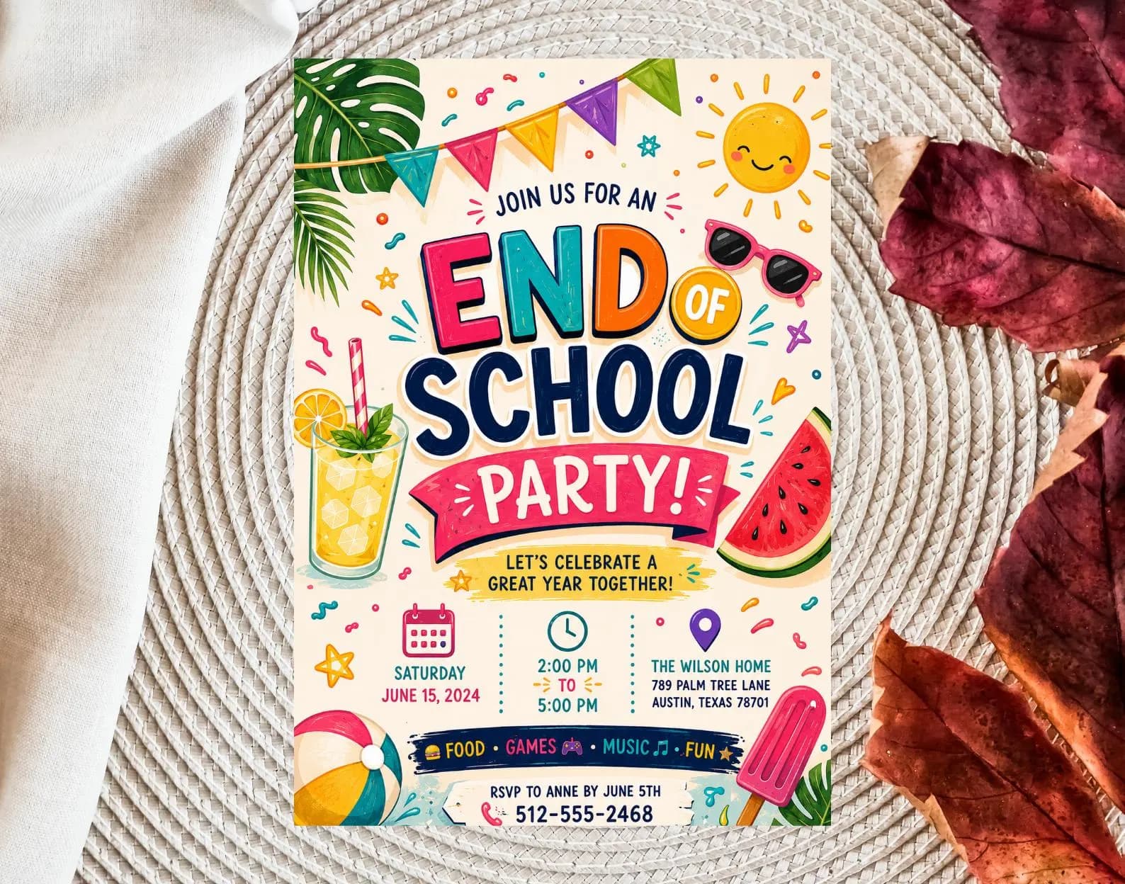 End of School Party Invitation: Tropical Summer Beach Theme (Digital Download)