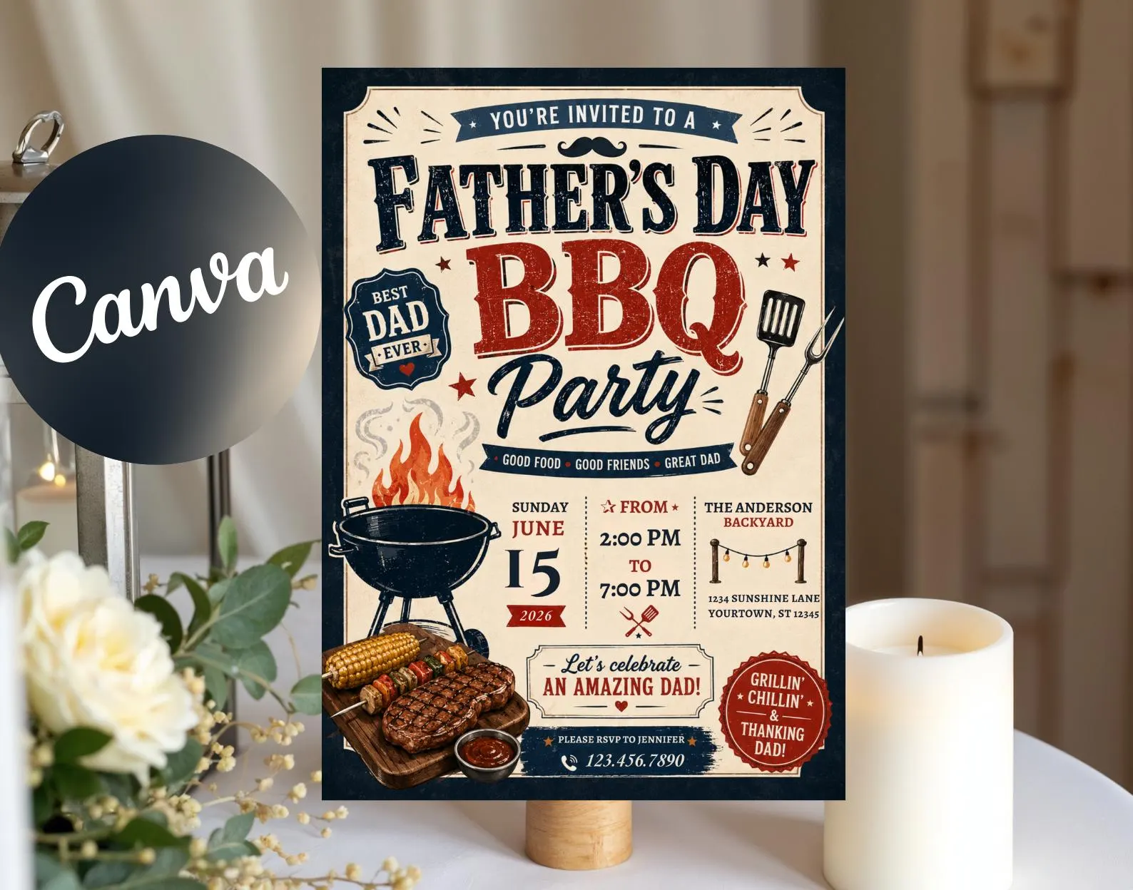 Father's Day BBQ Invitation Canva Template, Grill & Chill Party Invite (Digital Download)