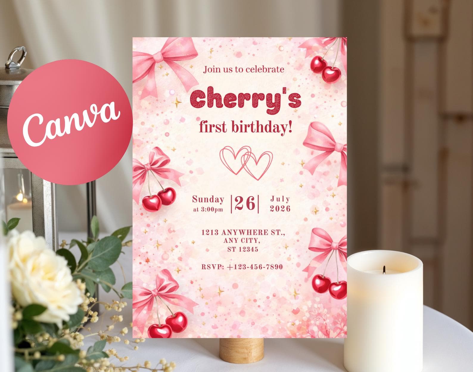 Cherry First Birthday Invitation, Pink Bows, Watercolor Cherry Theme (Digital Download)