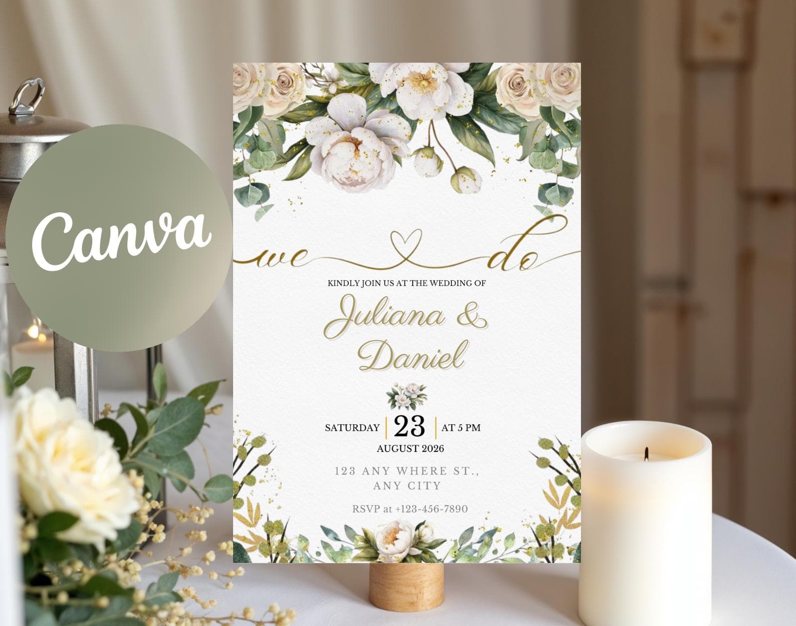 Editable Floral Wedding Invitation Template, Elegant Botanical Arch Design (Digital Download)