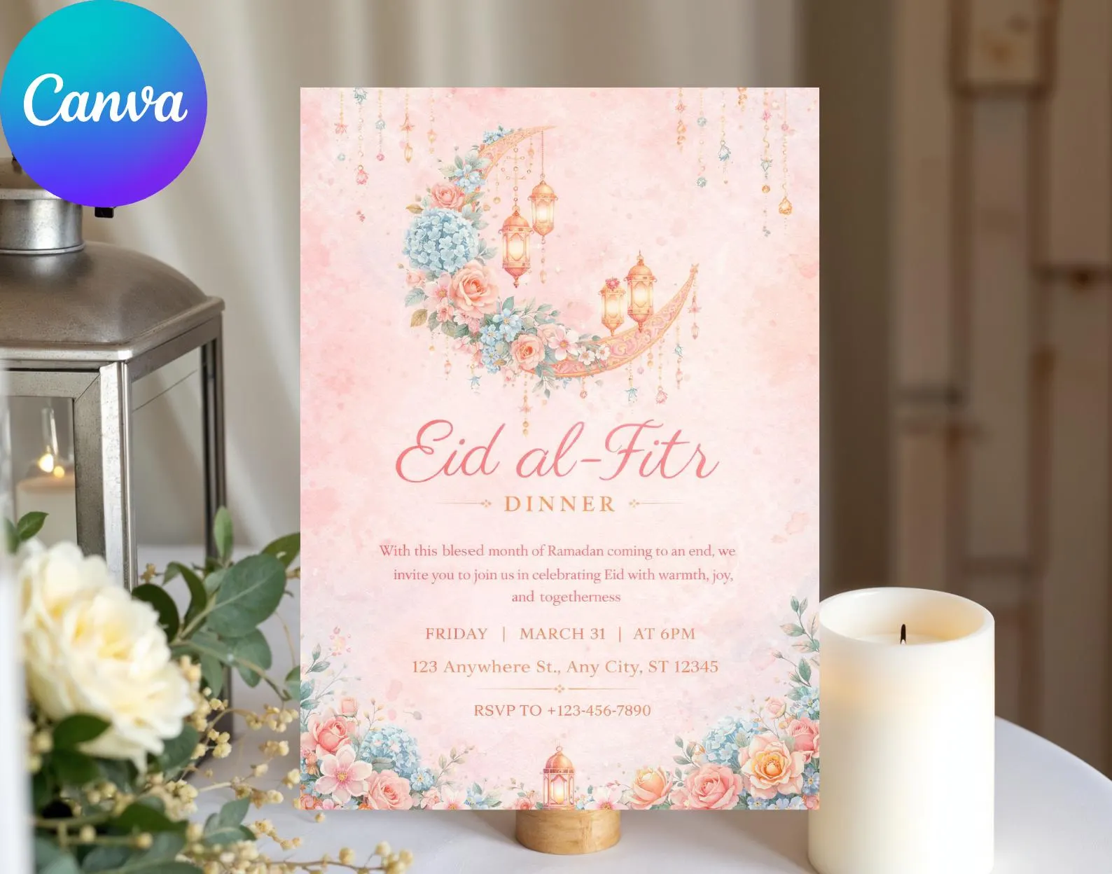 Eid al-Fitr Dinner Invitation – Floral Crescent Moon Design (Digital Download)