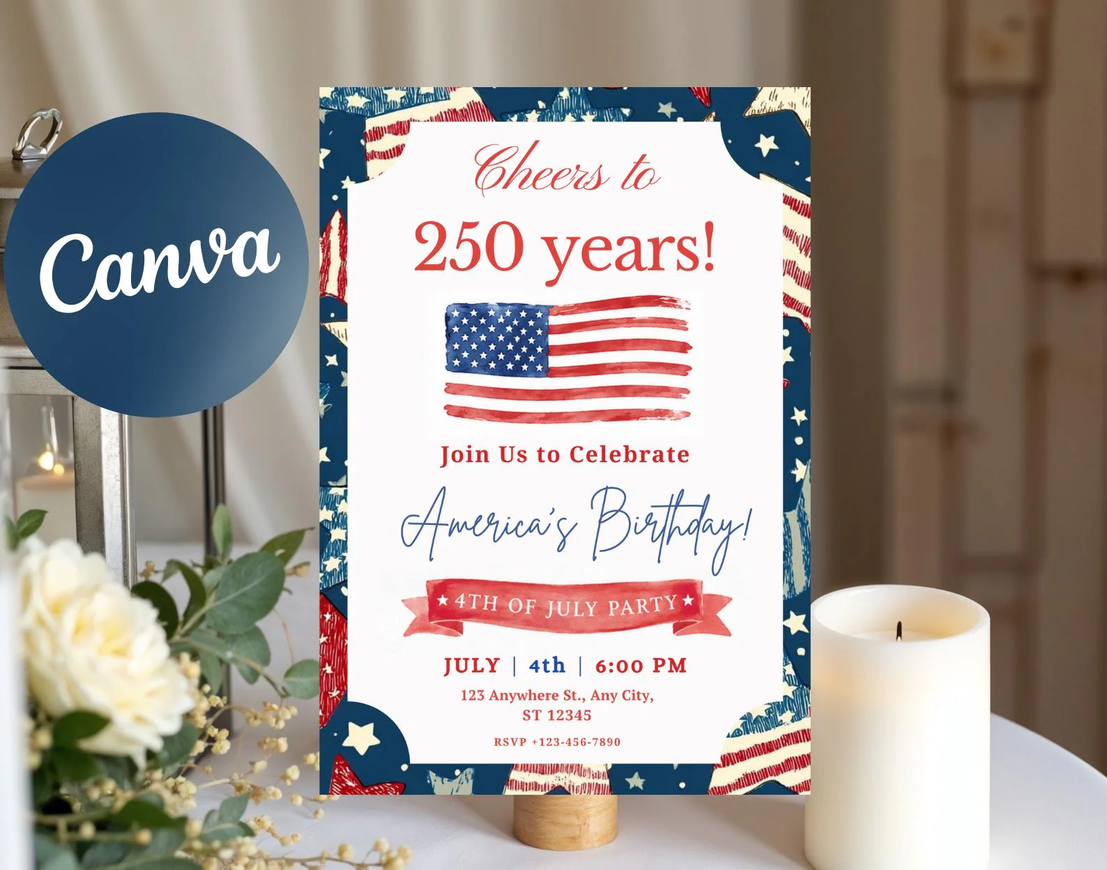America 250th Birthday Invitation, Patriotic 4th of July BBQ Party (Editable Canva Template)