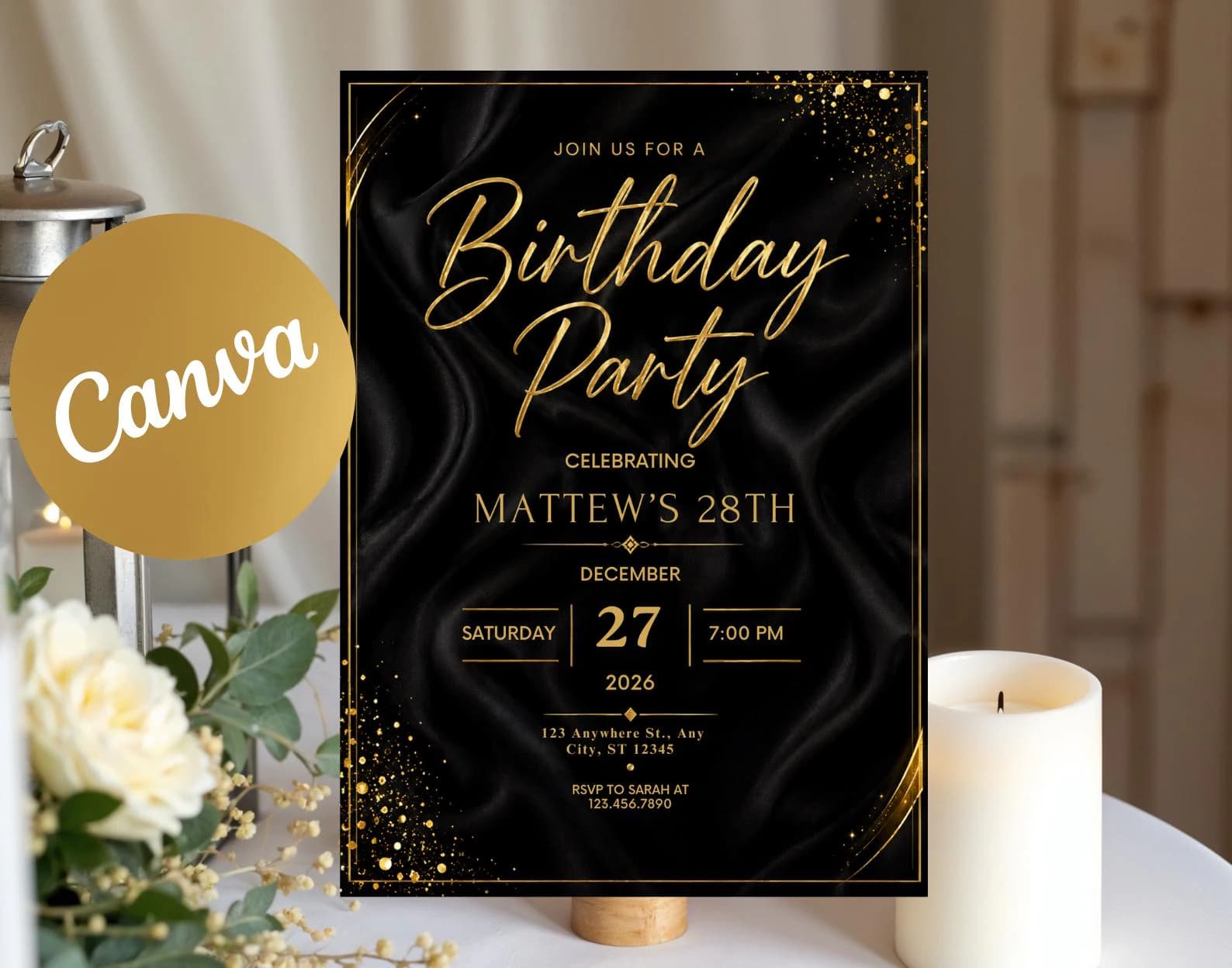 Editable Modern Black Gold Birthday Invite, Men's Digital Party Invite