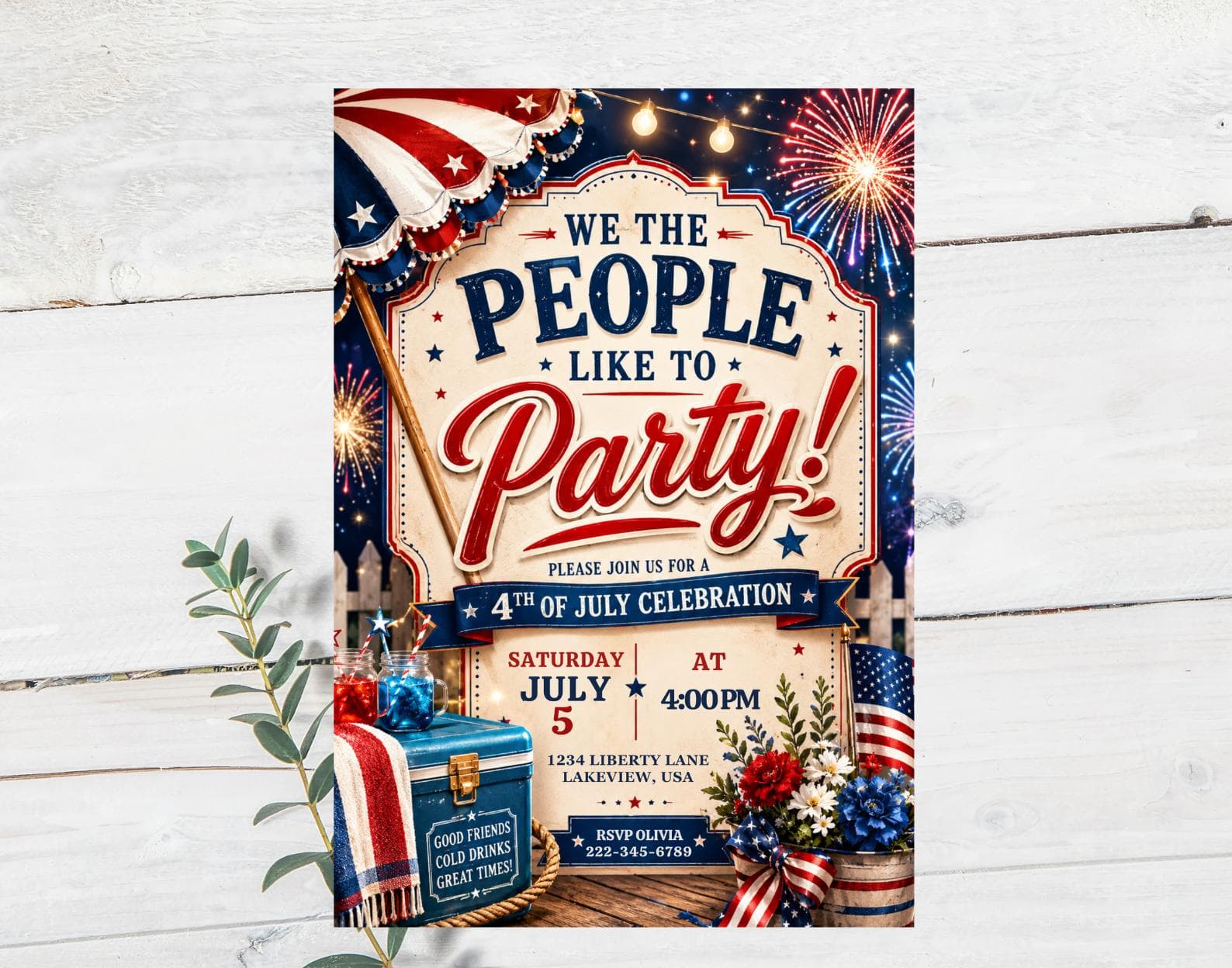 4th of July Party Invitation, Patriotic Summer Invite, Red White Blue (Digital Download)