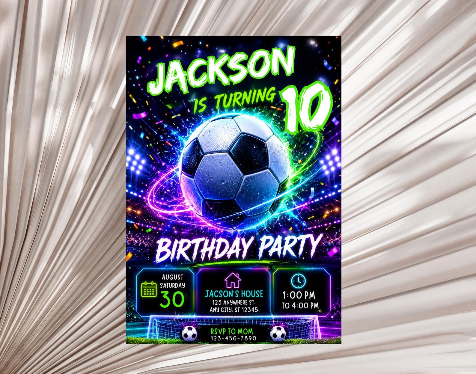 Neon Soccer Birthday Invitation, Editable Canva Template (Digital Download)