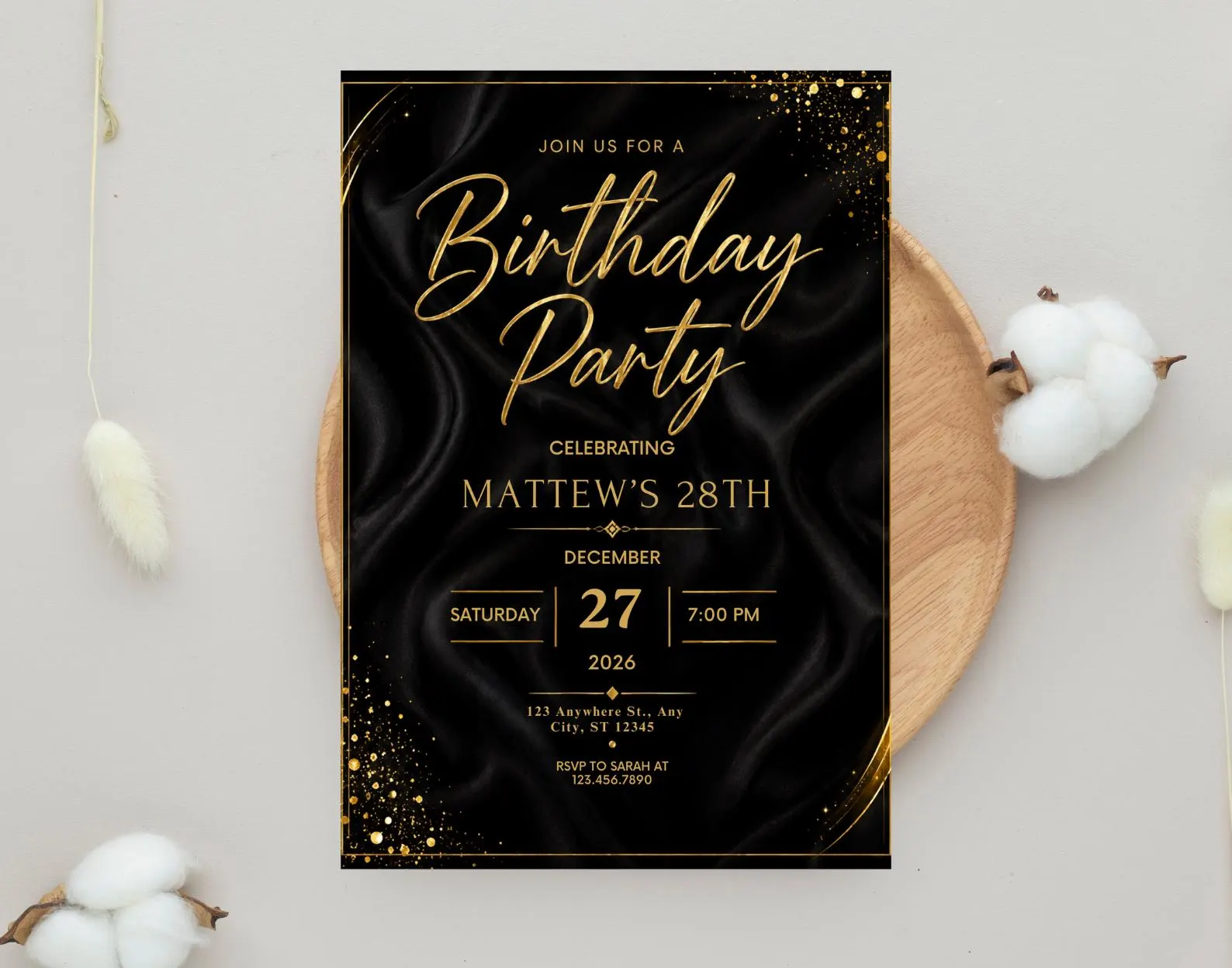 Editable Modern Black Gold Birthday Invite, Men's Digital Party Invite