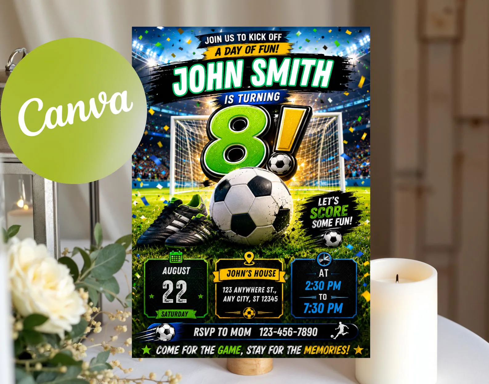 Editable Soccer Birthday Invitation, Sports Party Template, Canva Digital Download