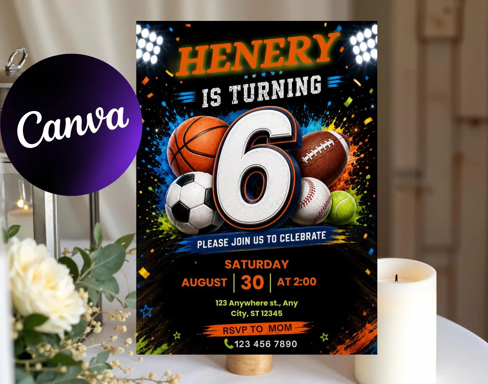 Editable Sports Birthday Invitation, Multi-Sport Theme Canva Template (Digital Download)