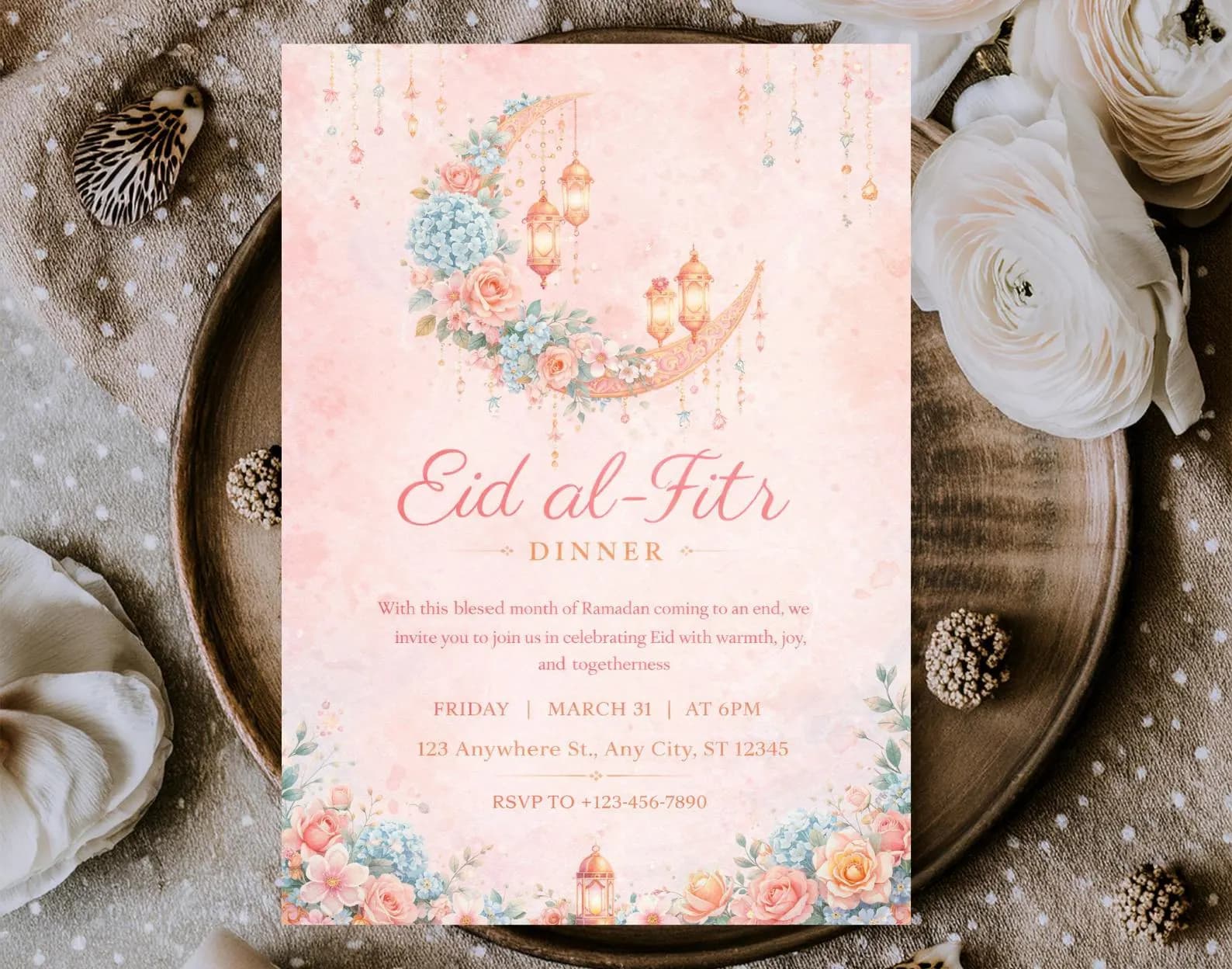 Eid al-Fitr Dinner Invitation – Floral Crescent Moon Design (Digital Download) - image 3