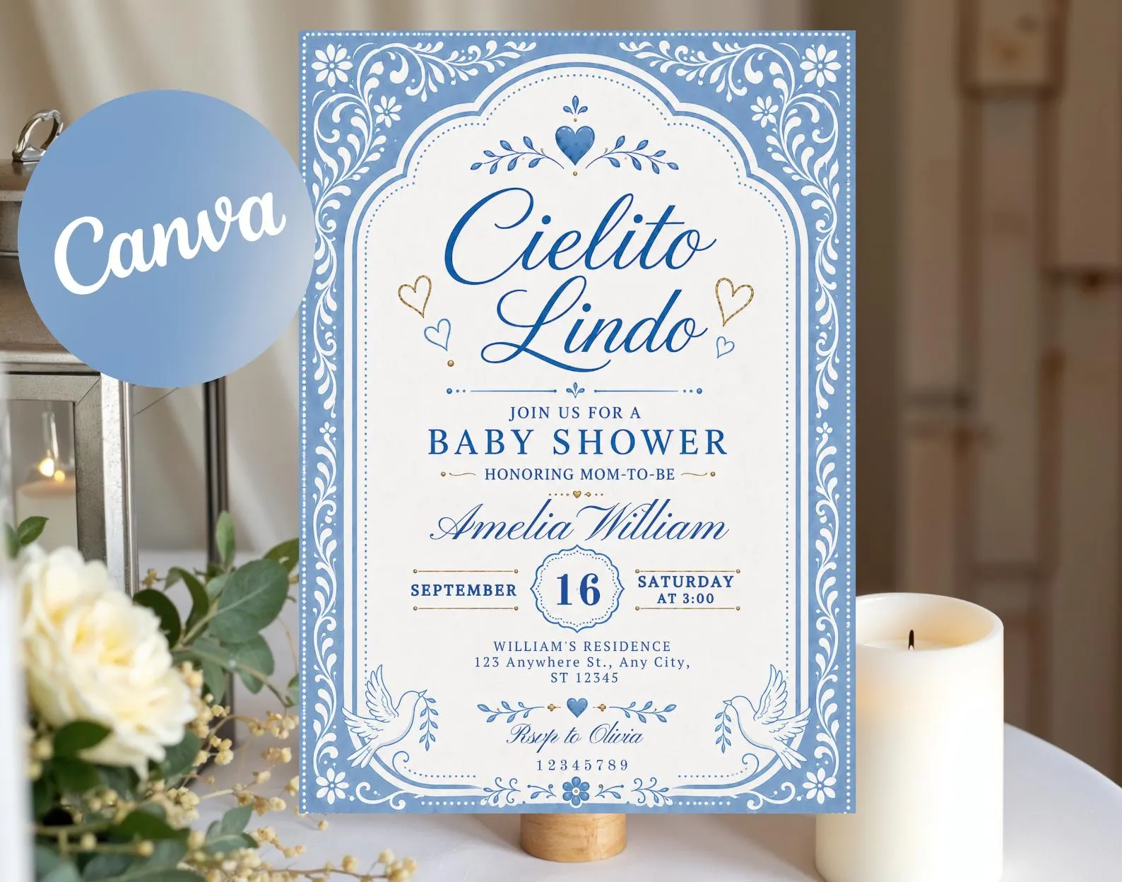 Cielito Lindo Baby Shower Invitation, Dusty Blue Mexican Talavera Papel Picado (Canva Template)