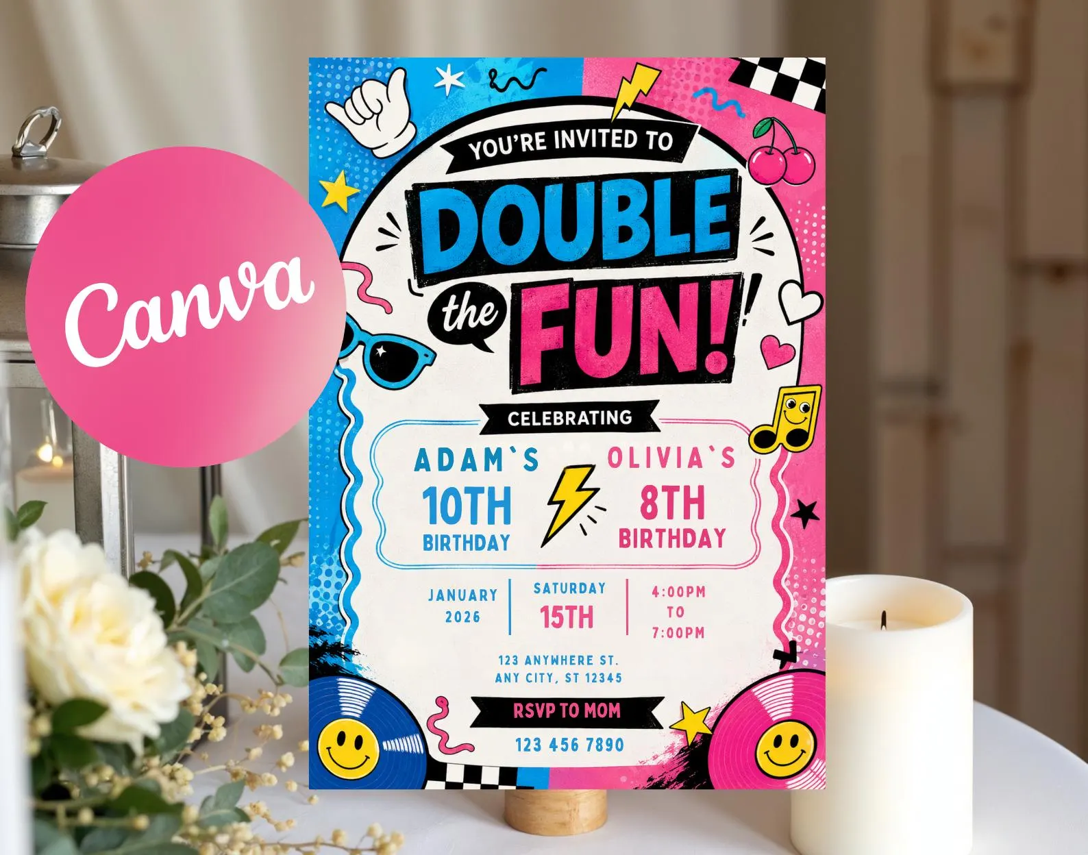 Double Birthday Invitation, Joint Siblings Party, Editable Canva Template (Instant Download)