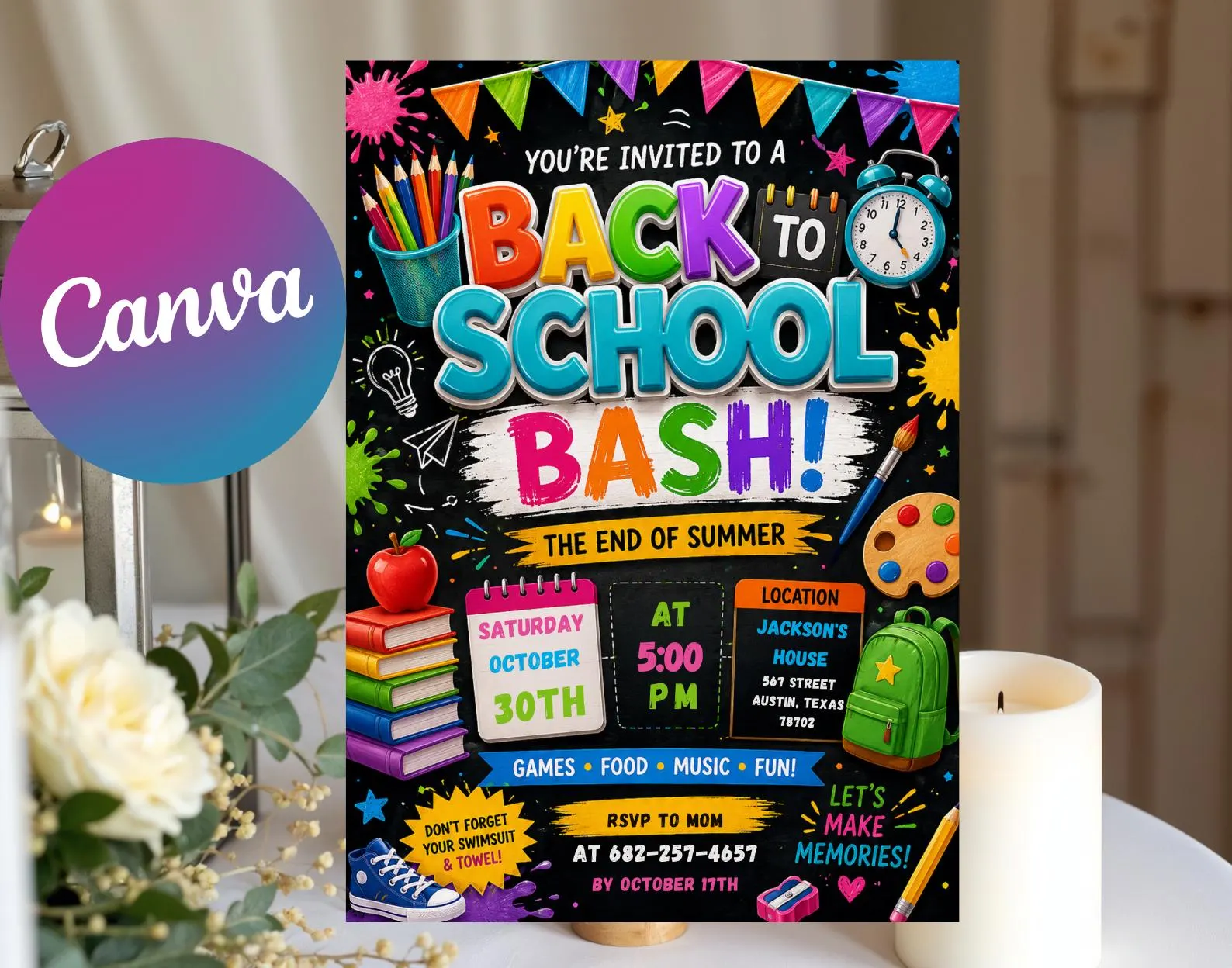 Back to School Bash Invitation Template, First Day Party Invite (Digital Download)