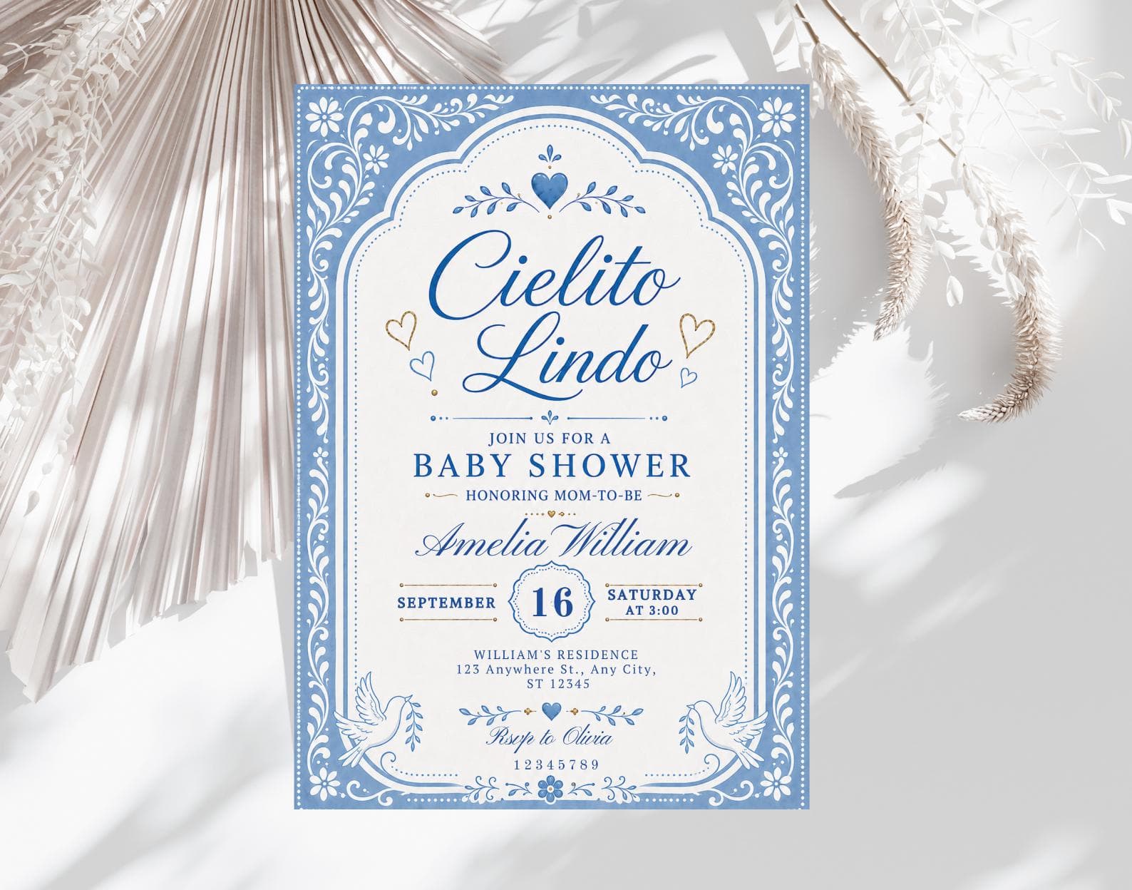 Cielito Lindo Baby Shower Invitation, Dusty Blue Mexican Talavera Papel Picado (Canva Template)