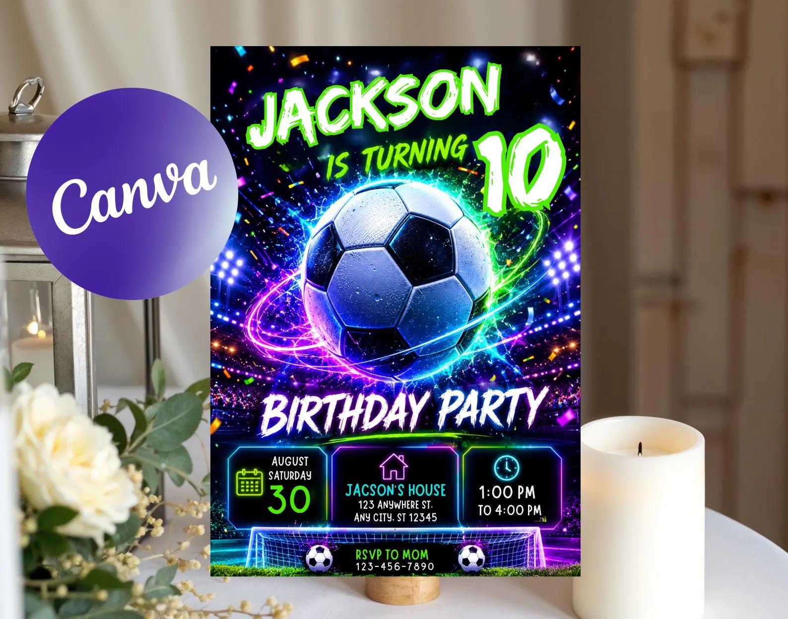 Neon Soccer Birthday Invitation, Editable Canva Template (Digital Download)